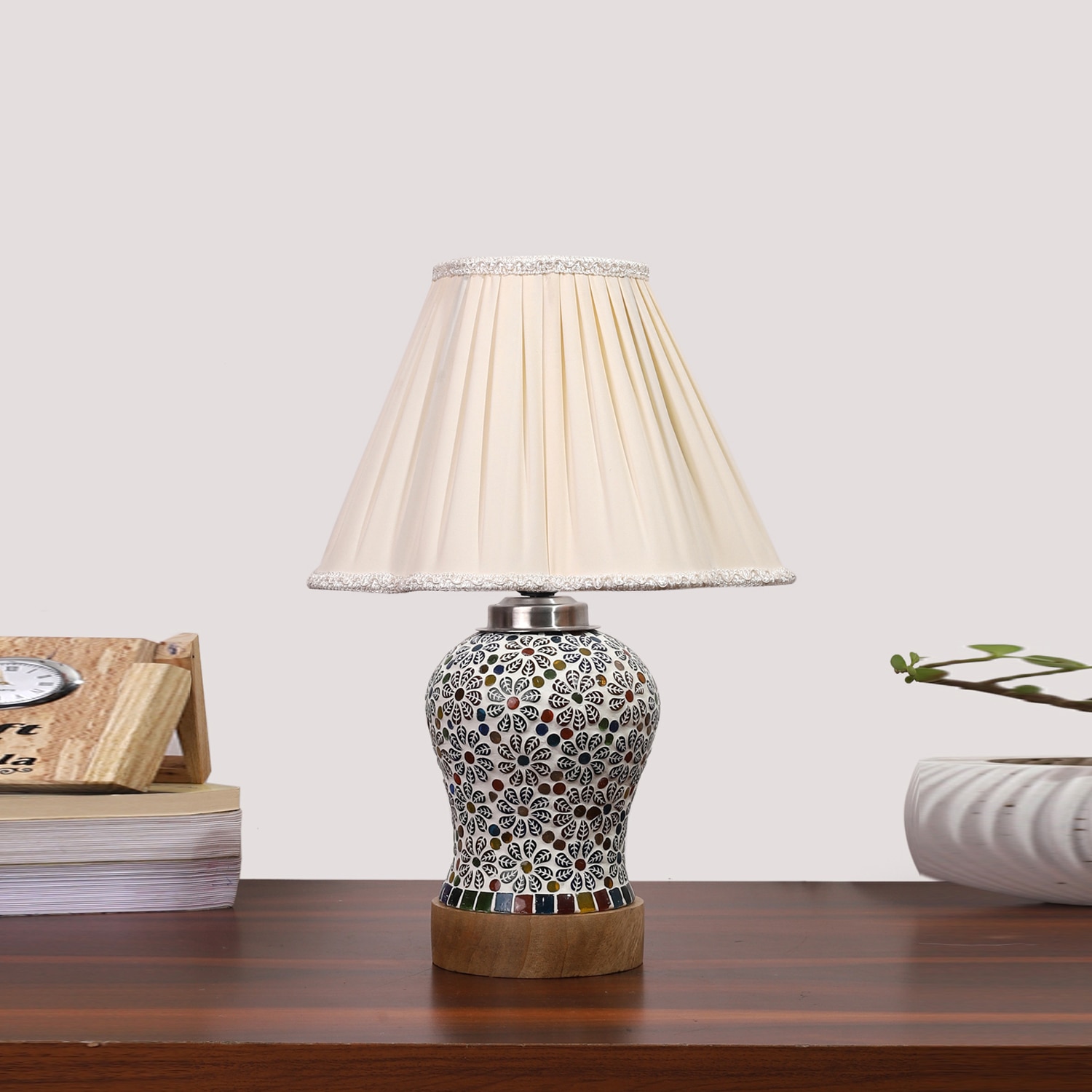 Devansh Off-White Vintage  Cotton Pleated Shade Lamp With Wood & Mosaic Glass Base For Decoration/Office/Home/Gifting/Study For Decoration/Office/Home/Gifting/Study - Devansh