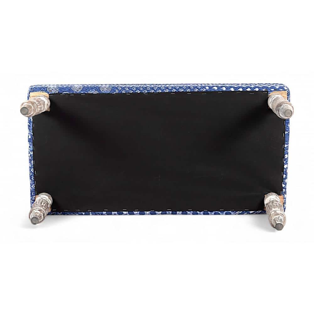 Bestone Sheesham Wood Mid Century Seater Bench Set  2 Stools In Indigo Patchwork Kantha