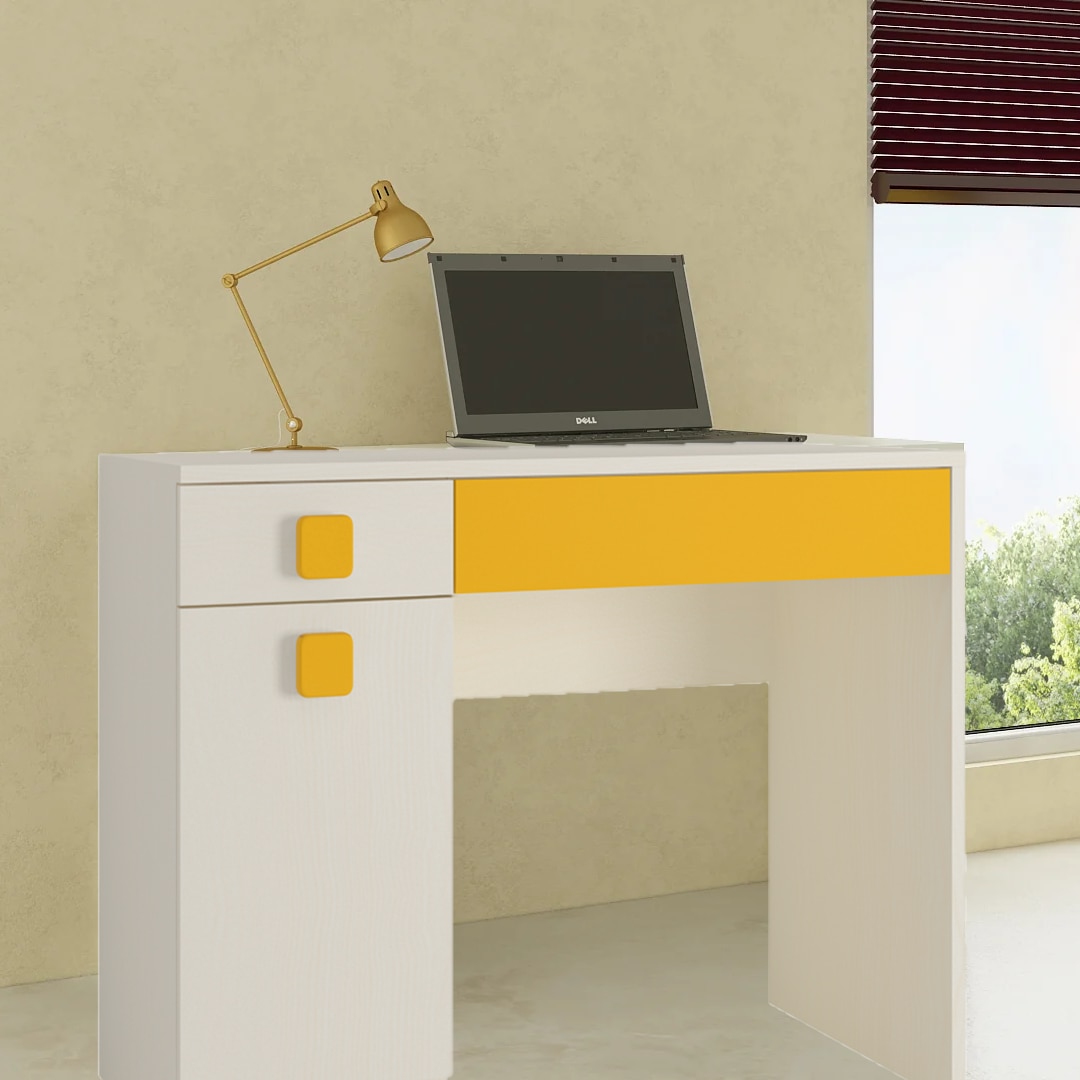 Kristina Kids Study Desk with Shuttered Cabinet and 2 Drawers in Light Wood Mango Yellow Colour