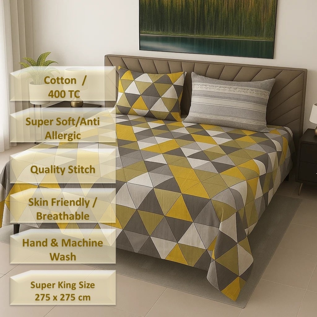 Multicolor Geometric 400 TC Cotton Flat Super King Size Bedsheet With 2 Pilllow Covers