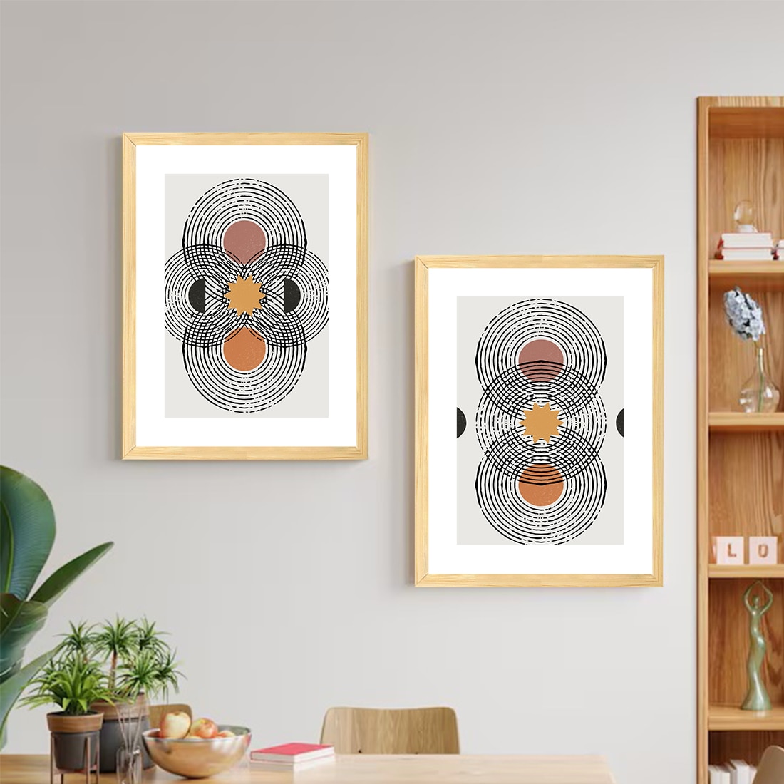 Boho Geometric Round Abstract Set of 2 Framed Posters 45x60 cm