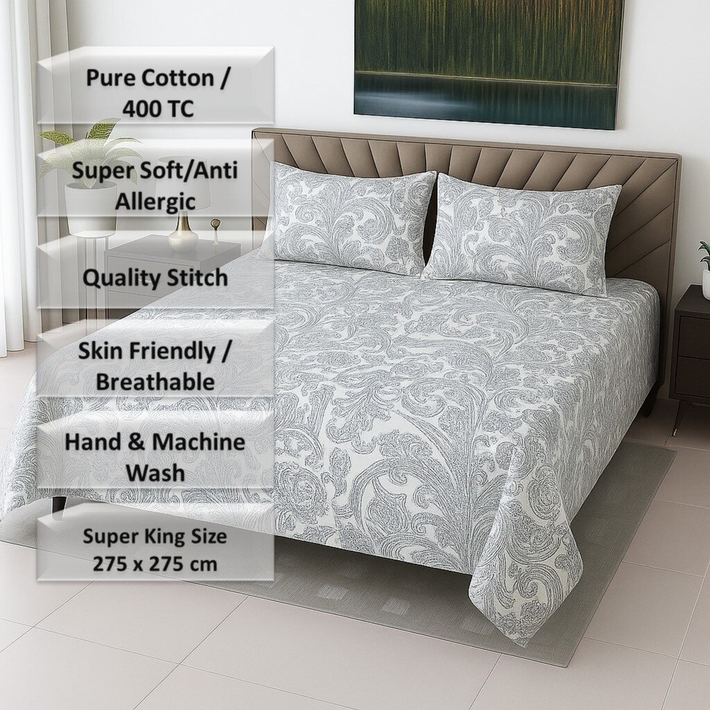 White Color Floral 400 TC Cotton Flat Super King Bed Size Bedsheet With 2 Pilllow Covers  Threads