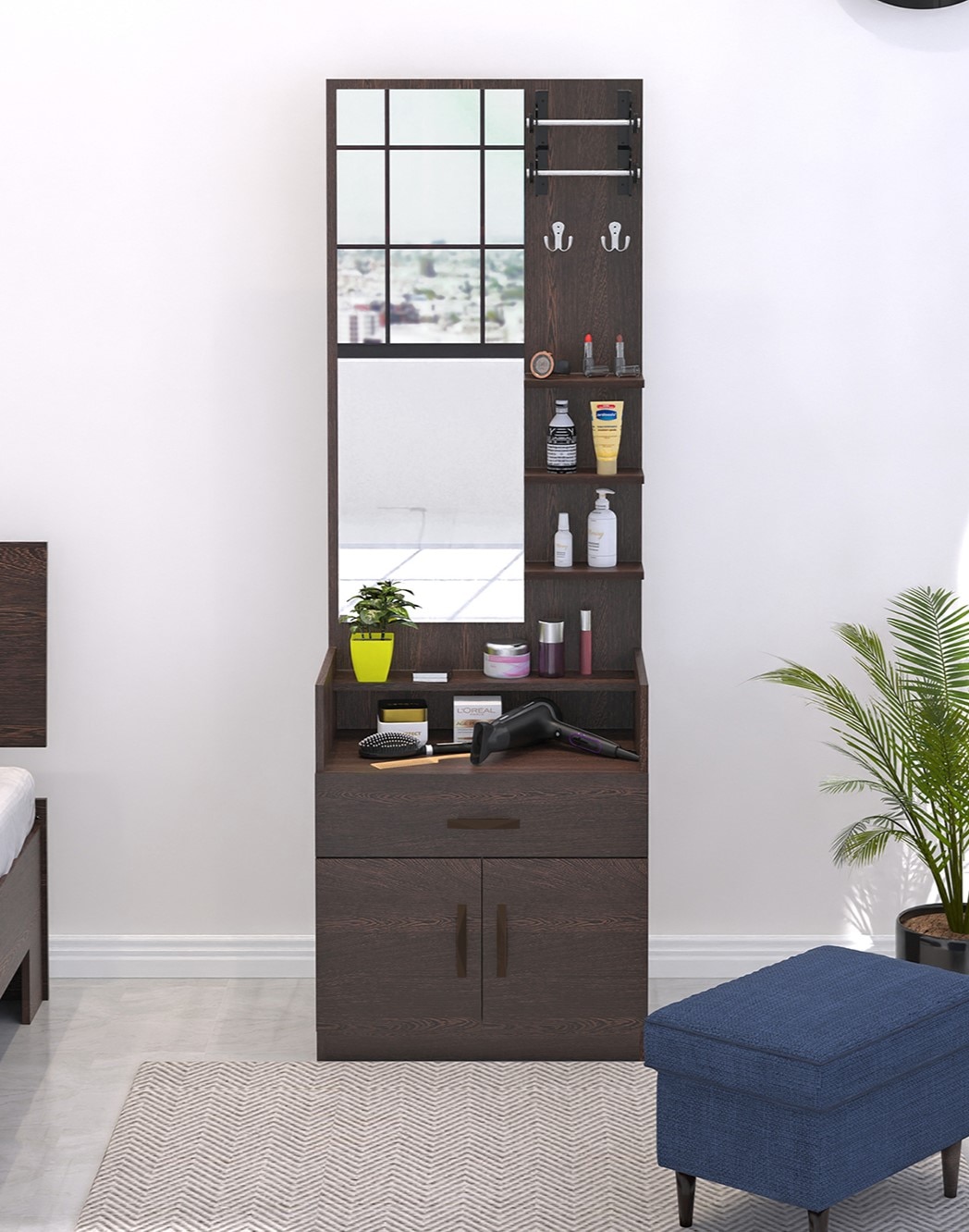 BLUEWUD Darci Engineered Wood Wall Mount/Floor Standing Dressing Table Organizer Makeup Vanity with Mirror Storage Shelves, Bangle Holder & Hooks for Bedroom Home Furniture (Wenge)