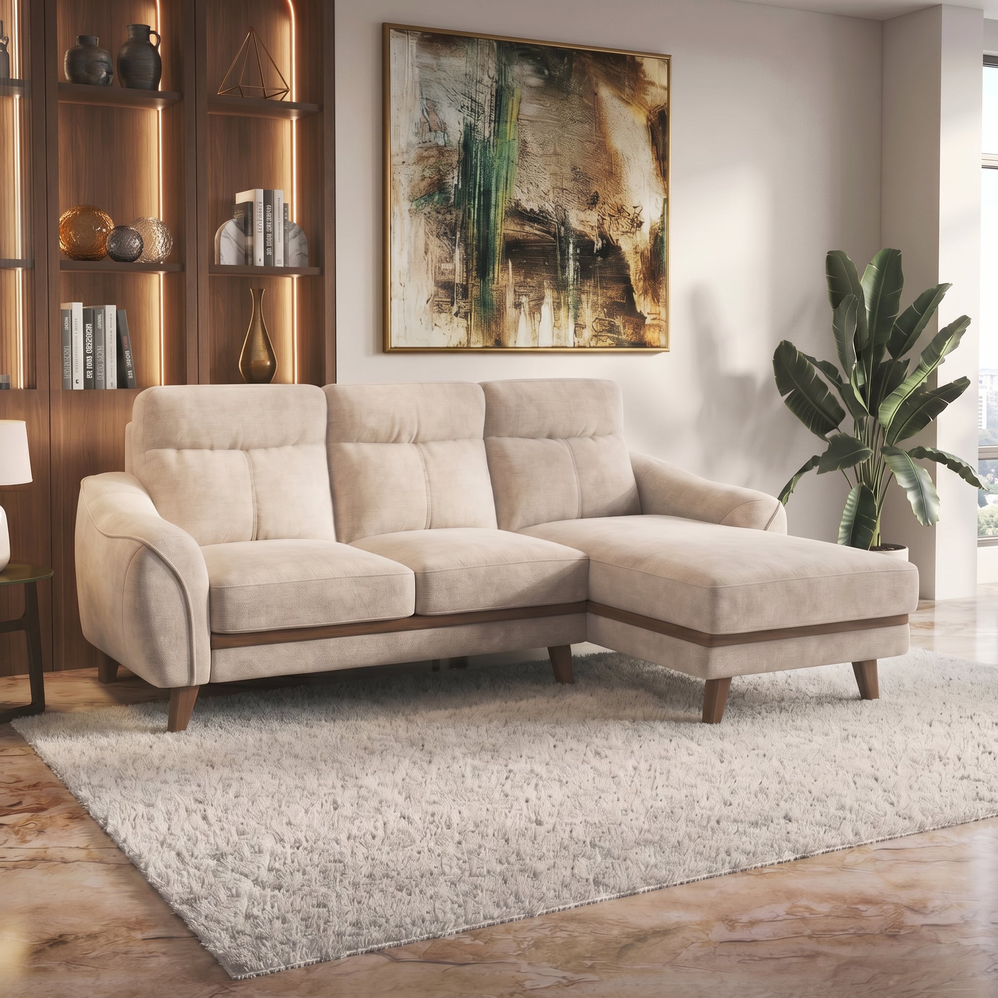 Ronan Right Aligned 3 Seater Sectional Fabric Sofa In Beige Colour - Urban Ladder