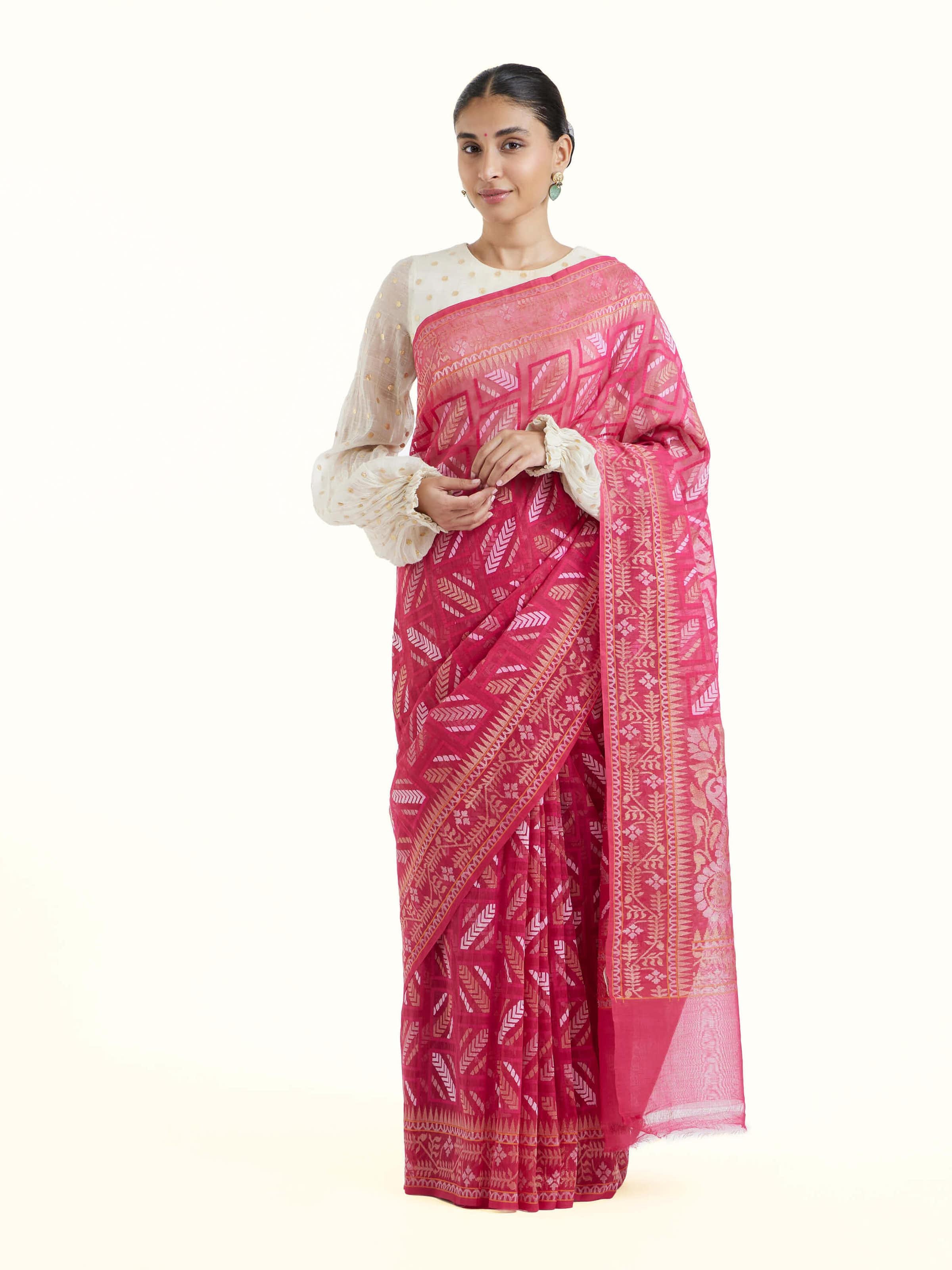 Pink Cotton Awadh Jamdani Saree