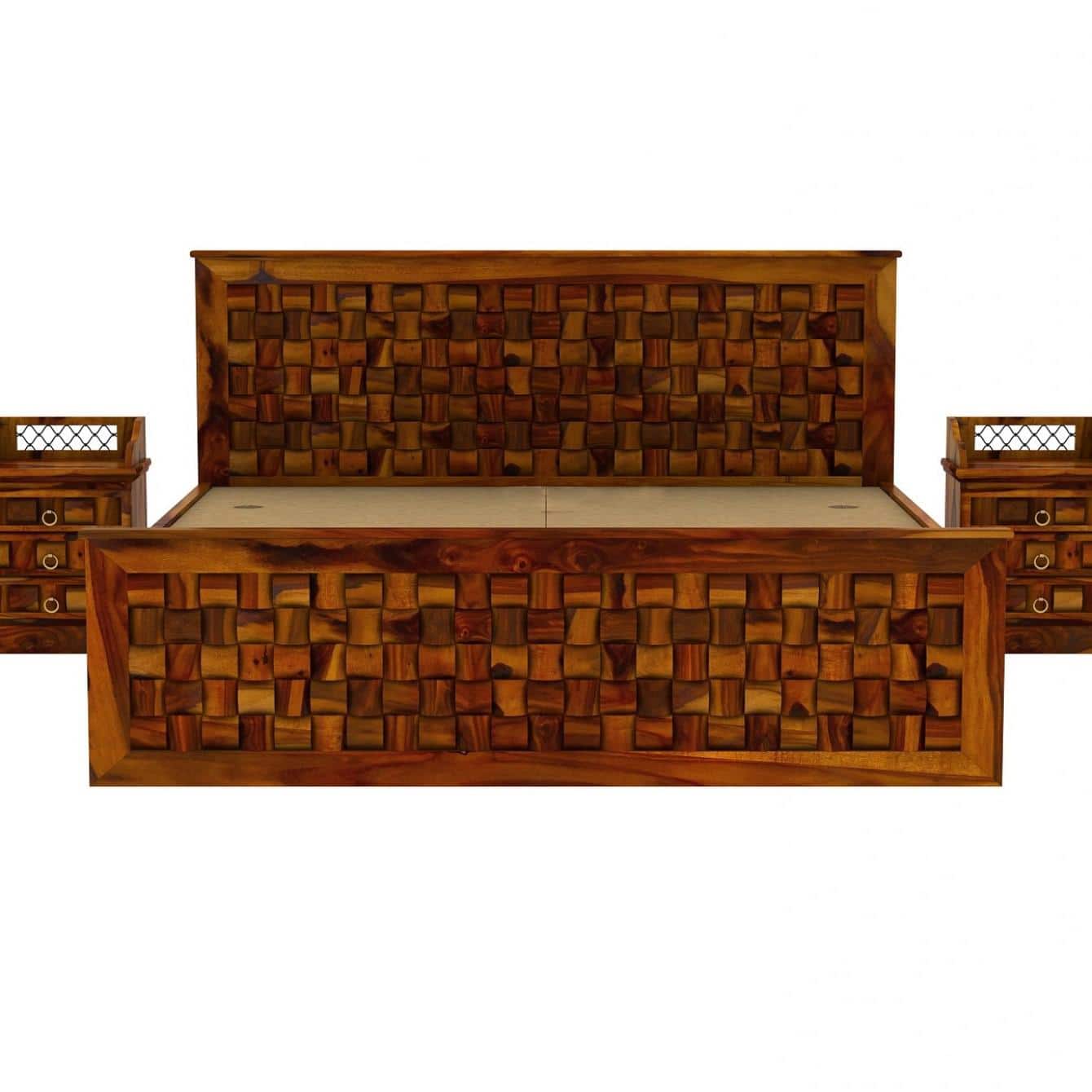 Moglis Solid Wood King Size Bed With Box Storage Bed In Honey Oak Finish