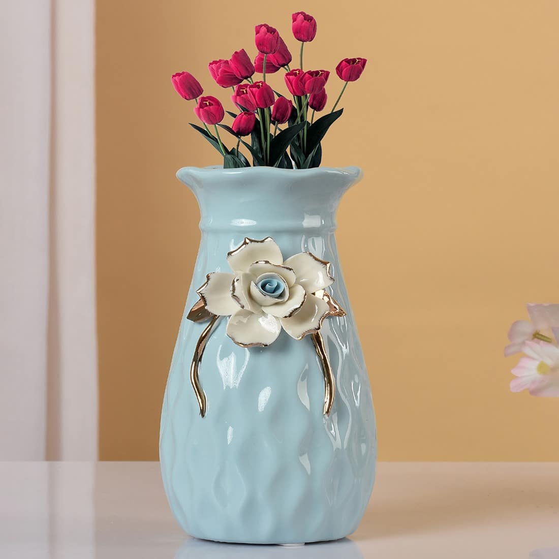 Light Green Ceramic Vase with Flower design