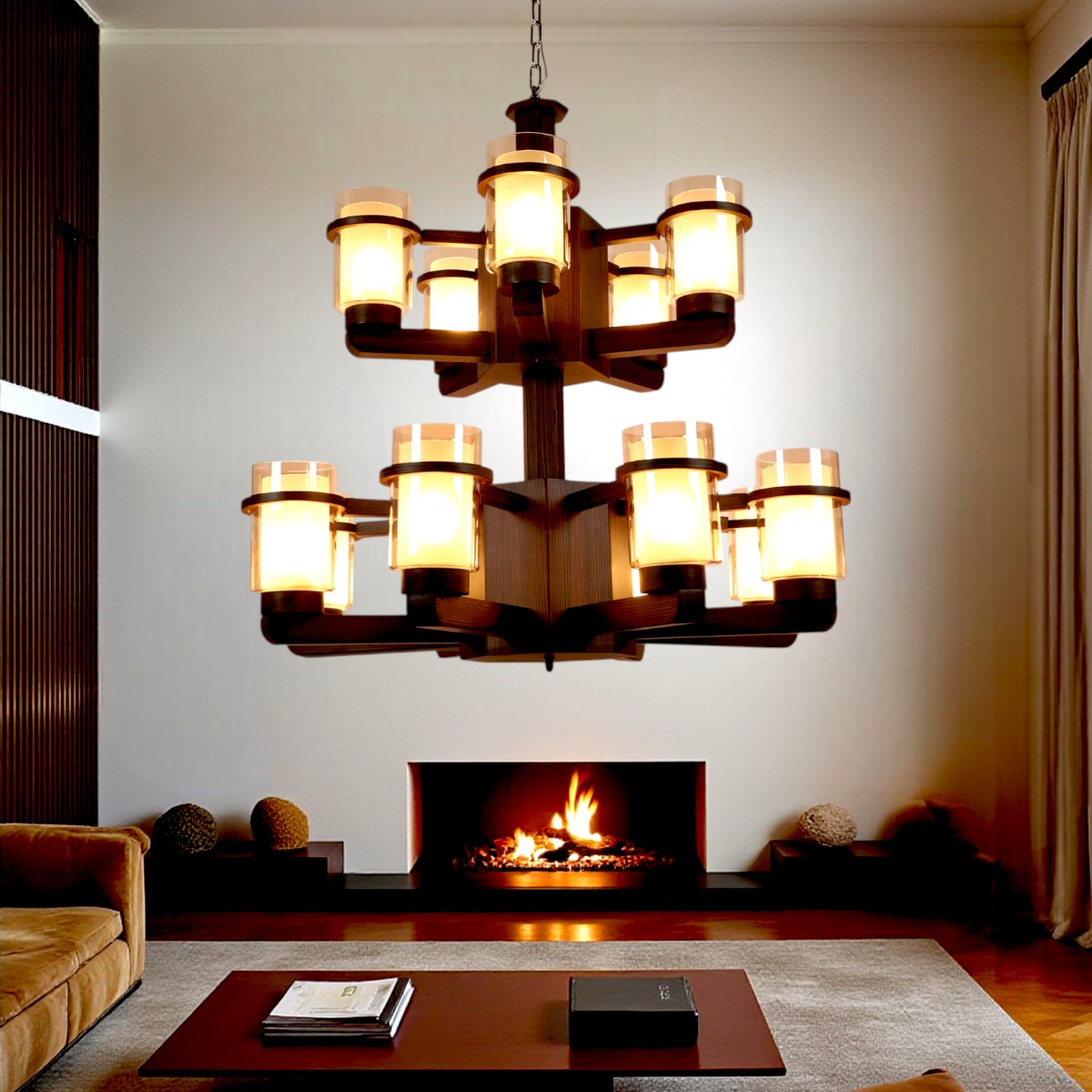 Eliante 13-Light Chandelier, Mild Steel Glass And Wood, Modern Hanging Ceiling Light Fixture - Eliante