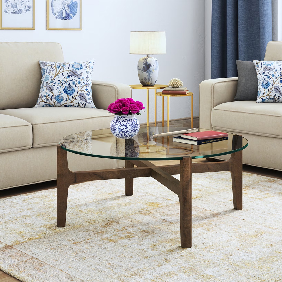 Cayman Glasstop Coffee Table without Storage in Danish Walnut Finish