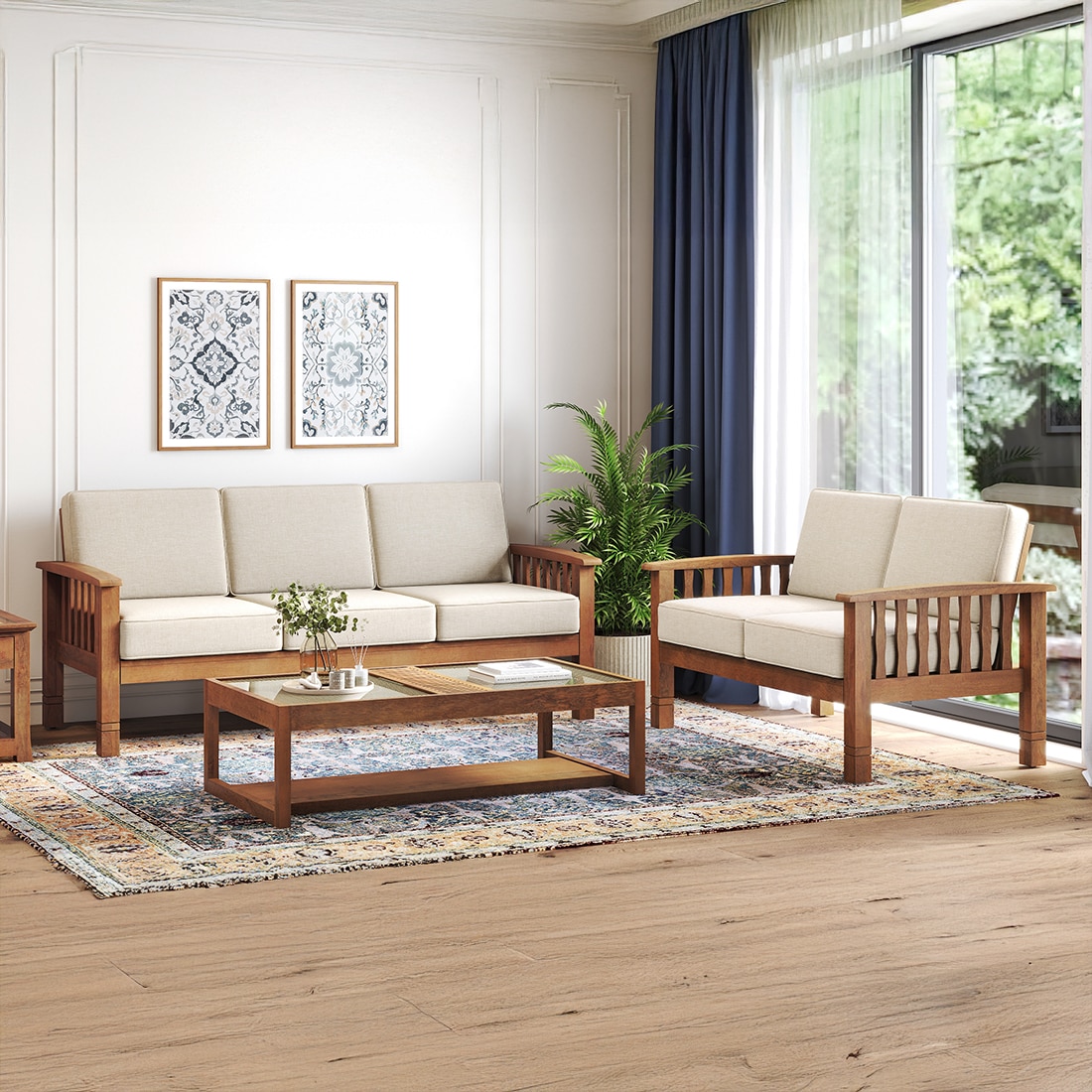 Raynor 2 Seater Wooden Sofa, Finish- Amber Walnut, Fabric- Macadamia Brown