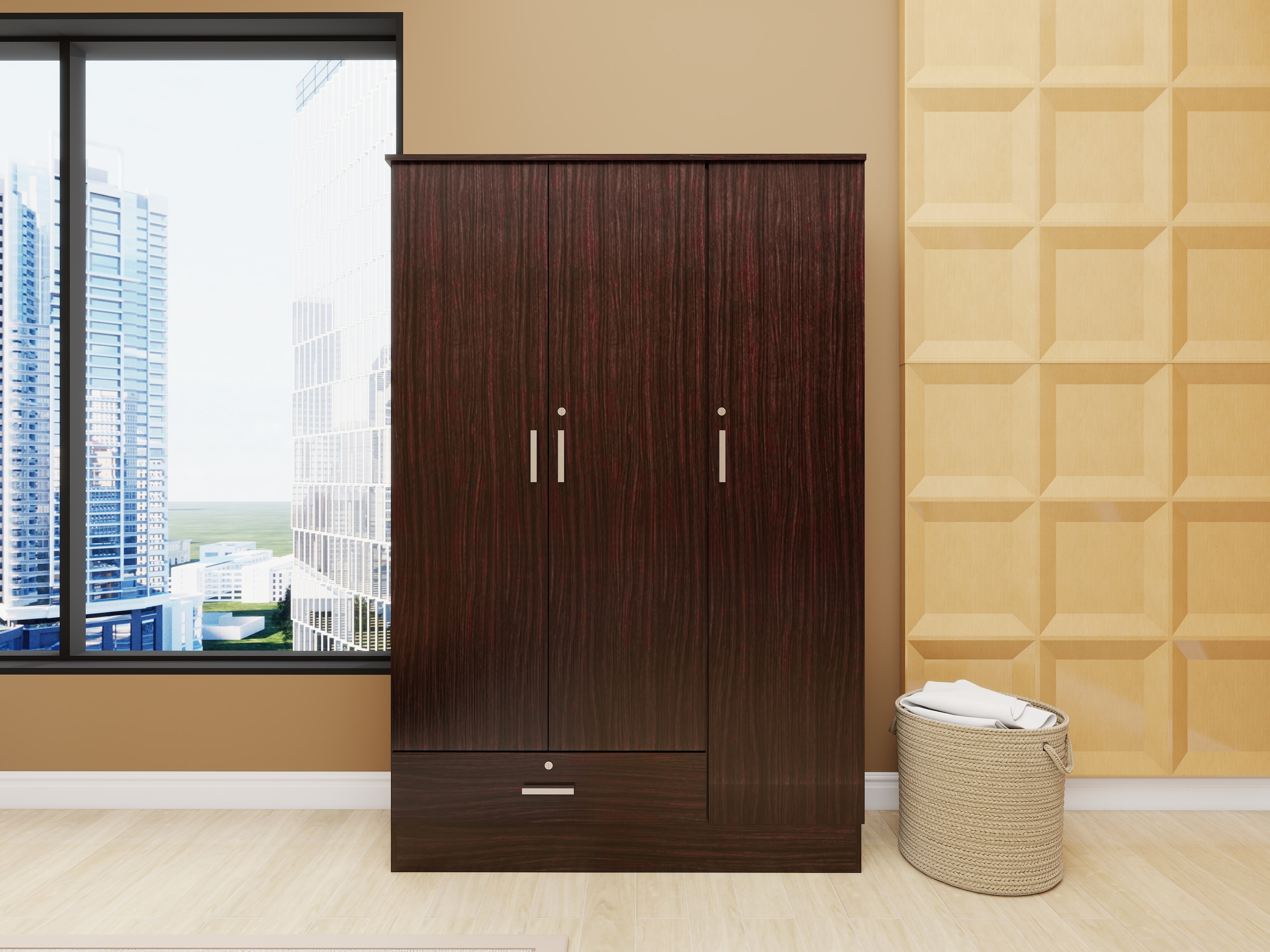 Yumako Harmony Bedroom Set – Queen Bed, 3-Door Wardrobe & Bedside Table in Walnut Finish – Engineered Wood