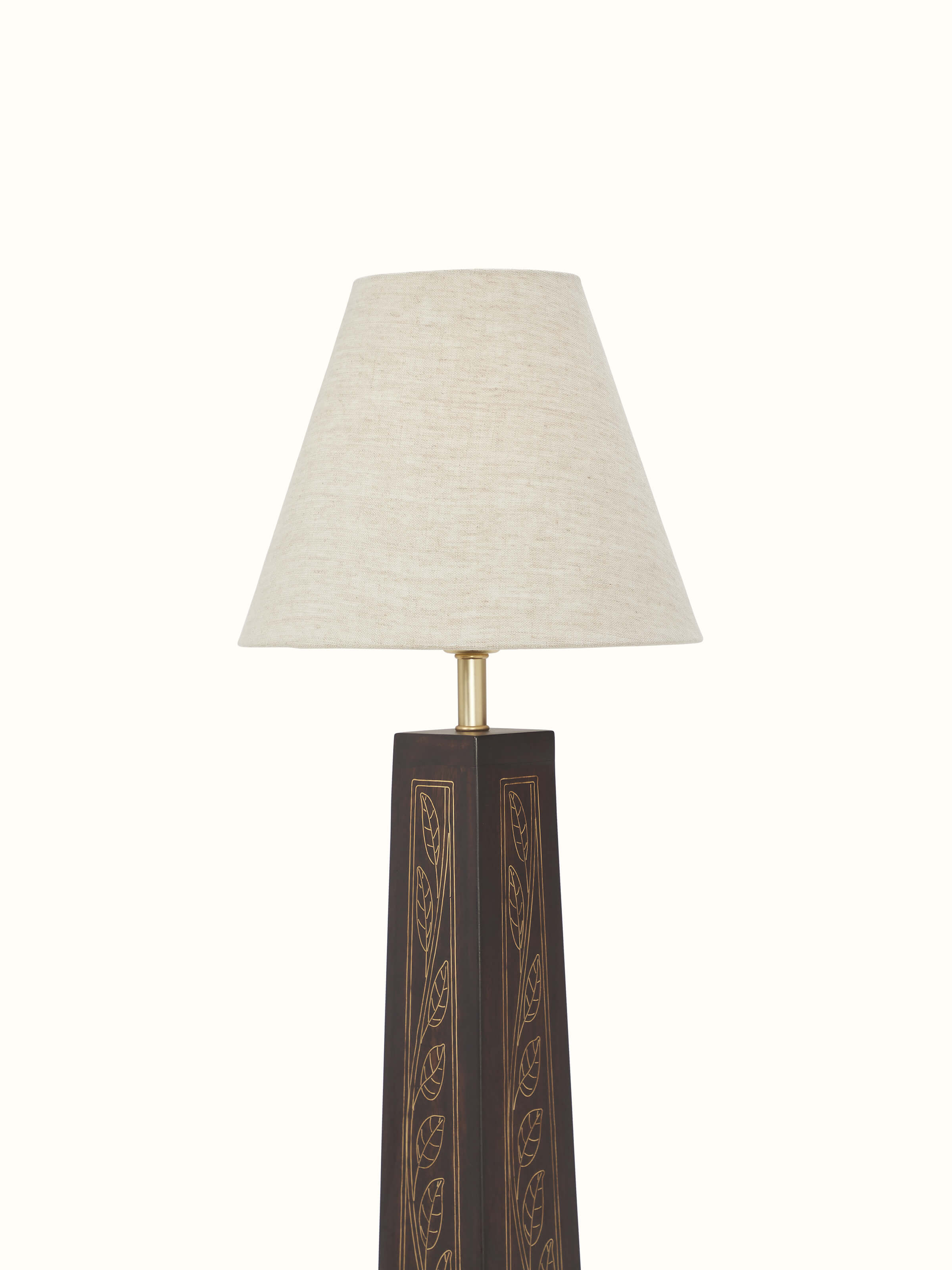 Side view of Tarkashi Sheesham Wood & Brass LED Floor Lamp, focusing on its intricate detailing and LED light feature
