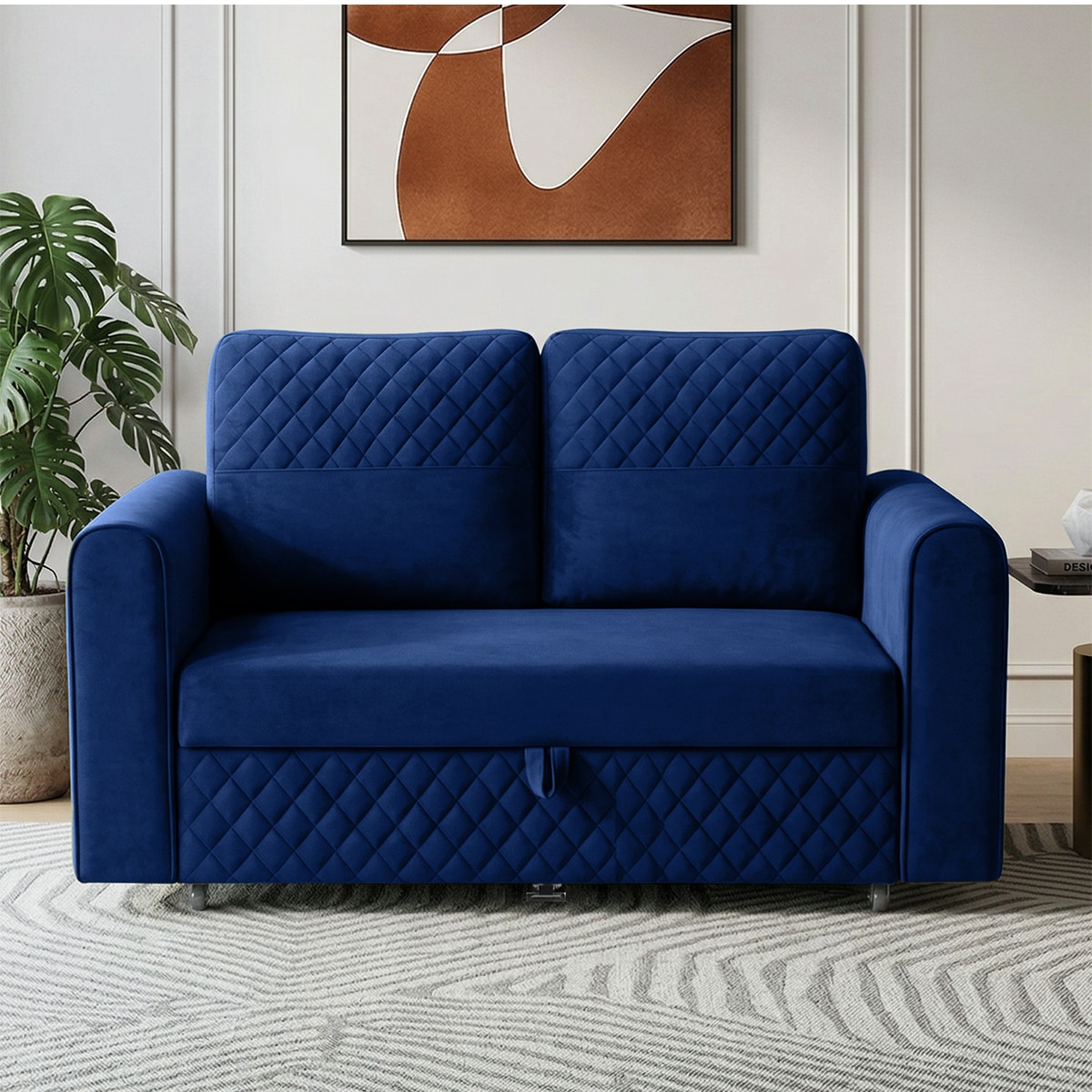 Baruna 2 Seater Velvet Pull Out Sofa Cum Bed with Storage In Blue Color