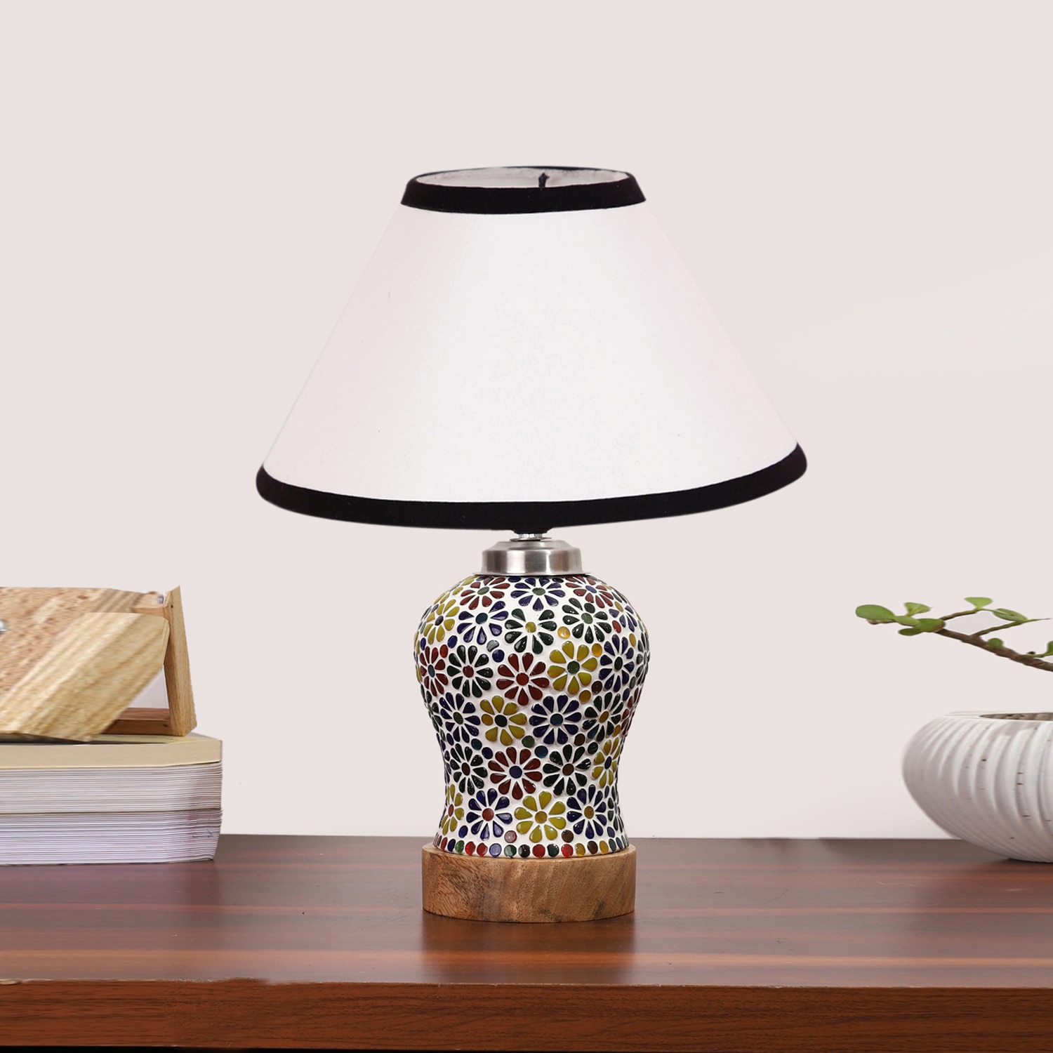Devansh Conical White & Black  Cotton Shade Lamp With Wood & Mosaic Glass Base For Decoration/Office/Home/Gifting/Study For Decoration/Office/Home/Gifting/Study -(10X10X14.5) Inches -A - Devansh