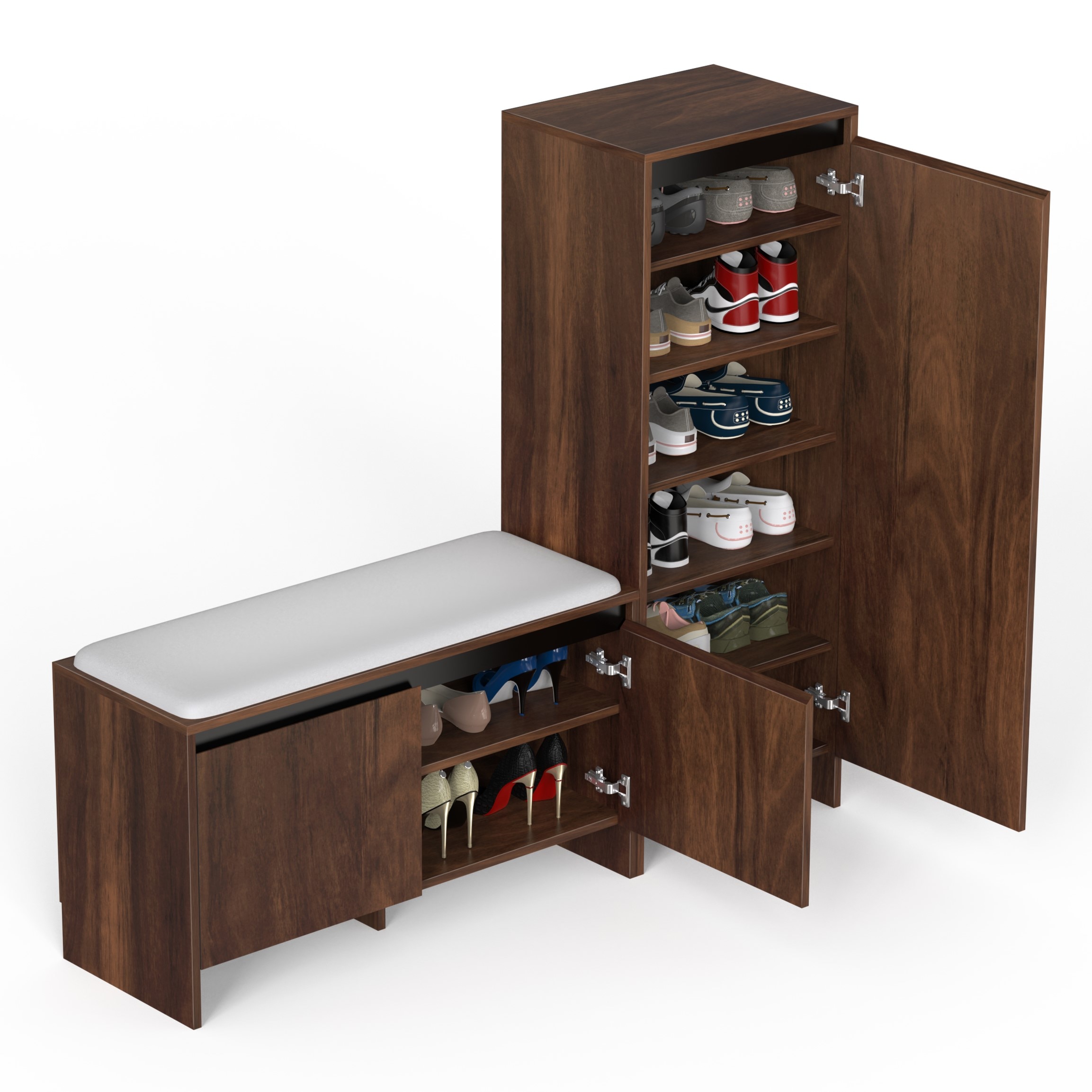 BLUEWUD Mavis Multipurpose Wooden Shoe Rack with Cushioned Seating & Tall Storage Cabinet Organiser, Slipper Footwear Stand for Living Room Home, 20 Pairs DIY (Brown Maple) (Mavis Multipurpose Combo)