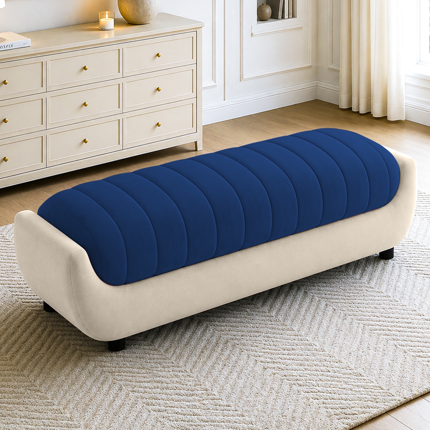 Marko Velvet 2 Seater 4 Feet Ottoman Bench in Navy Blue & Cream  Color - Home Lifestylez