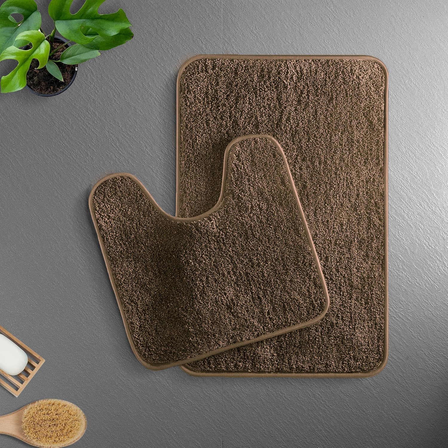 Luxe Home Polyester Newman Contour Bath Mat Set of 2 (Coffee 45x75 cm & 40x45)