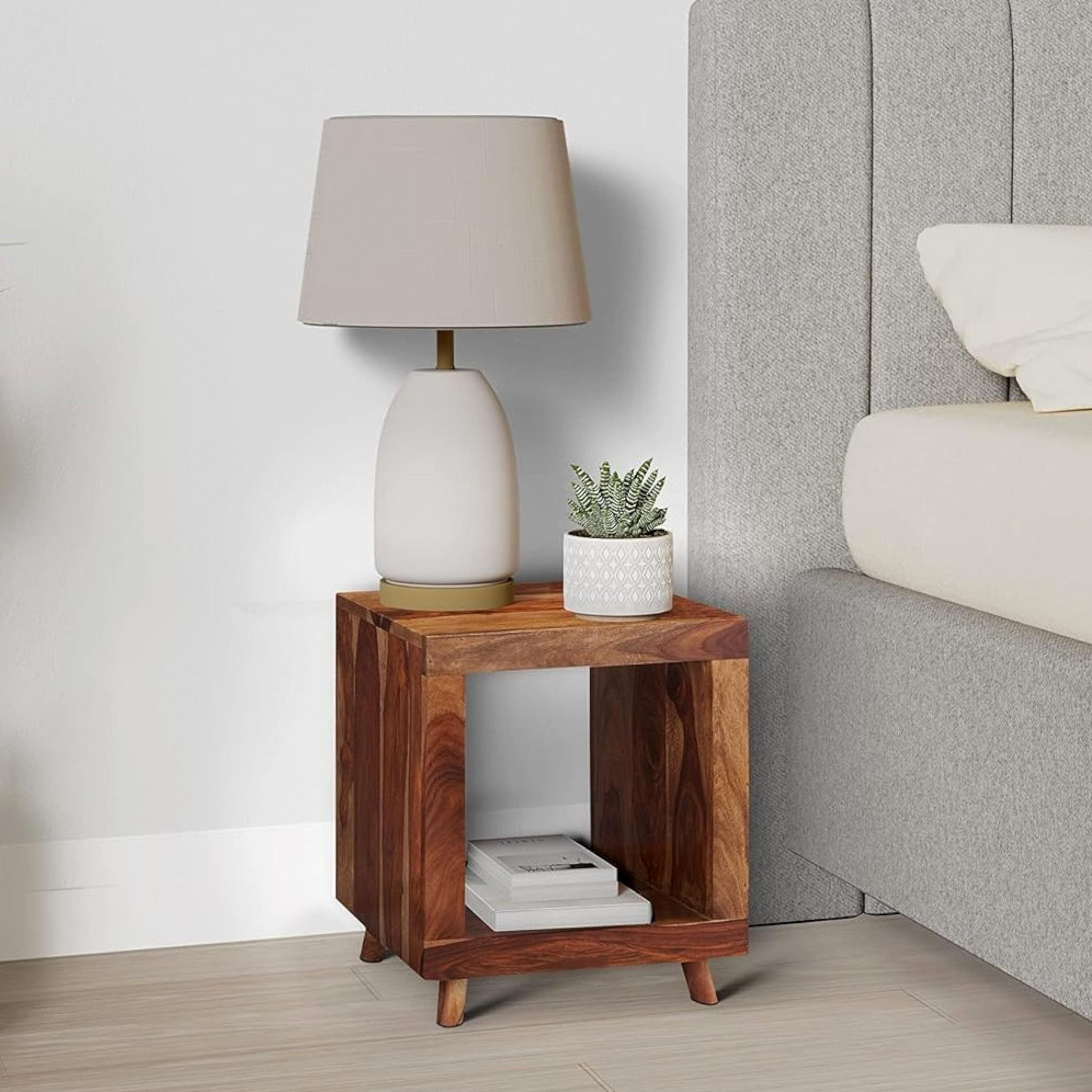 Berlin Sheesham Wood Contemporary Rectangle End Table Side Table In Natural Teak Finish