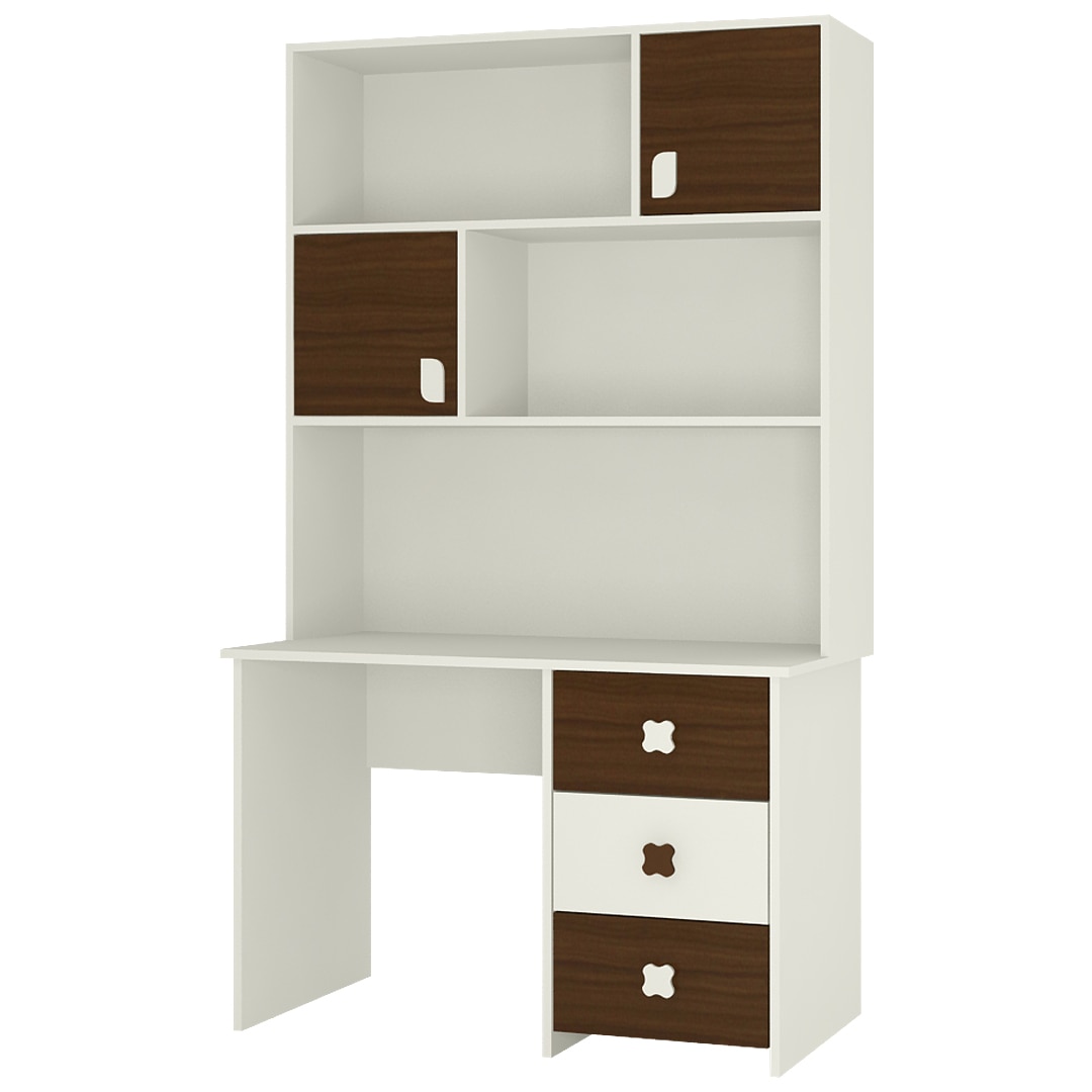 Flora Study Desk cum Bookshelf with Shuttered Cabinets Open Shelves and Drawers in Coffee Walnut Colour