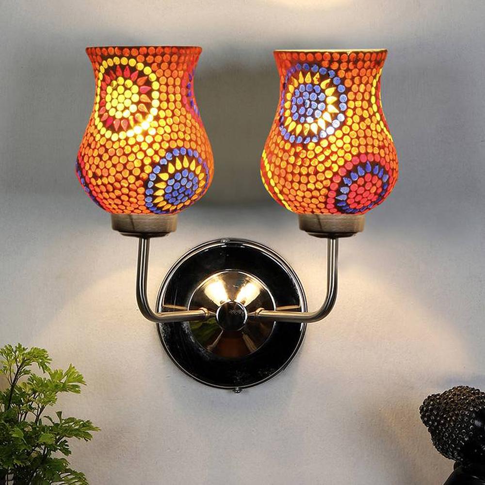 Angus Dual Multicolor Mosaic Glass Wall Mounted Lamp with Steel Base - Devansh