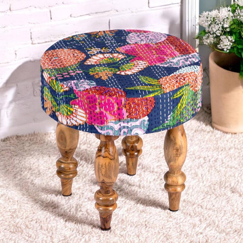 Roswell Sheesham Wood Mid Century Round Stool in Fruit Print Blue Kantha Upholstery