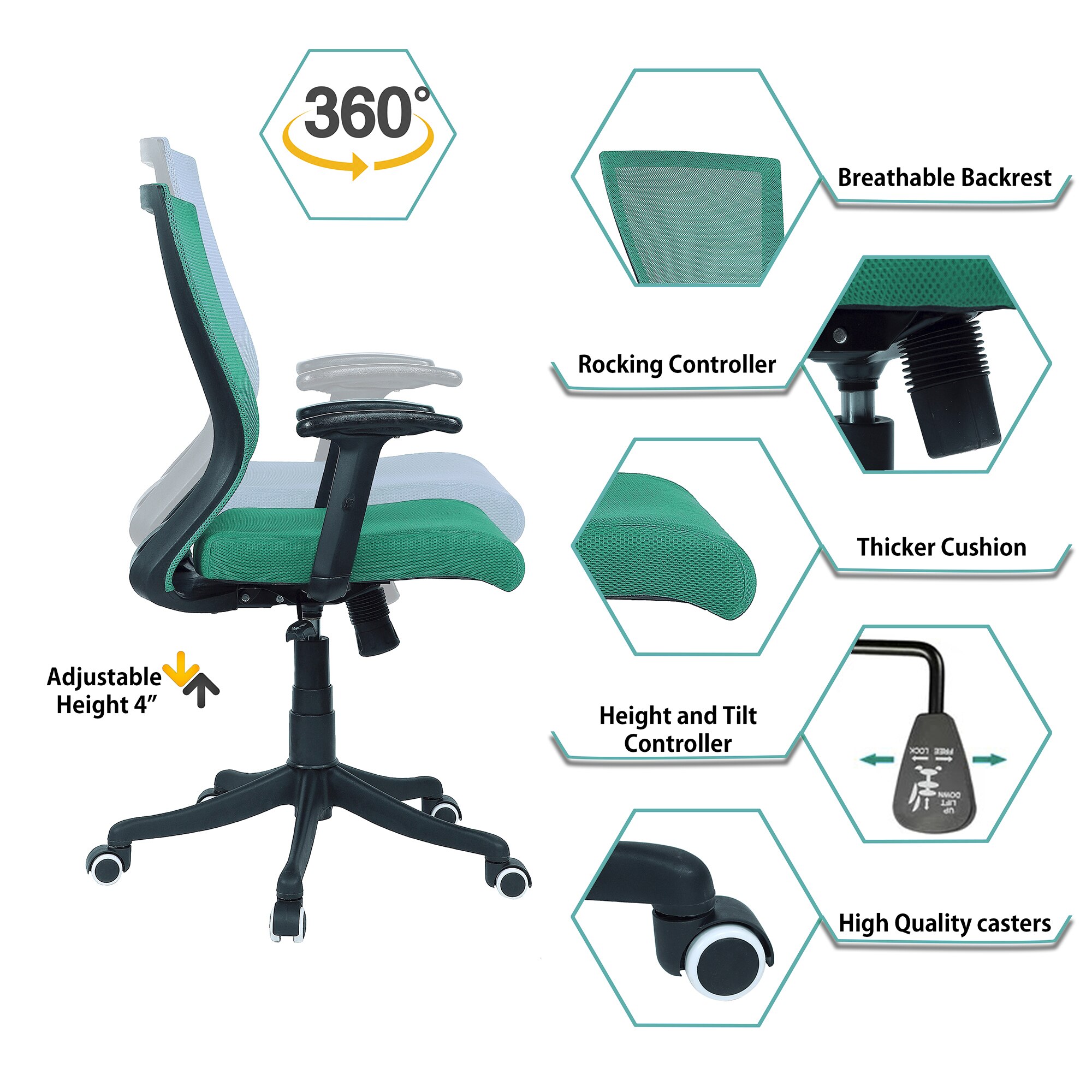 Ebeaony Mid Back Ergonomic Chair in Dark Green Colour