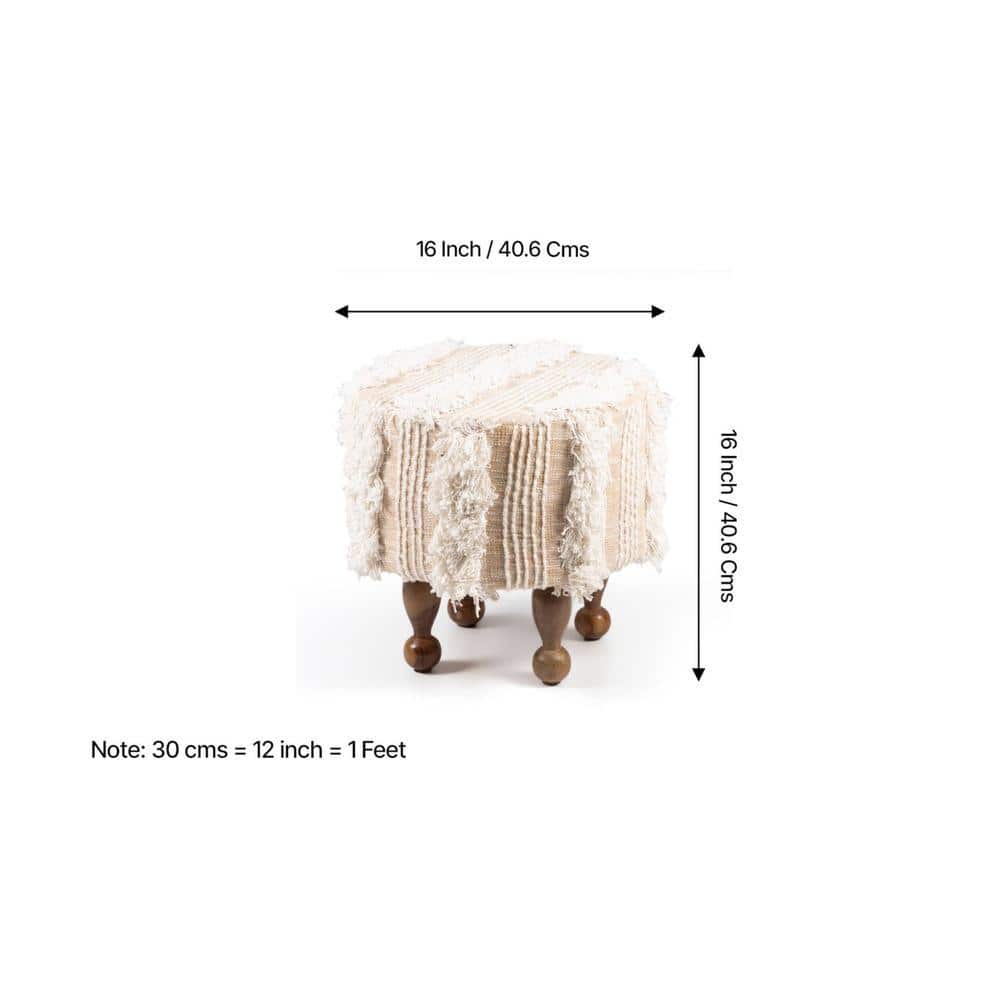 Louisville Acacia Wood Mid Century Round Set of 2 Pouf Stools in Beige Fabric