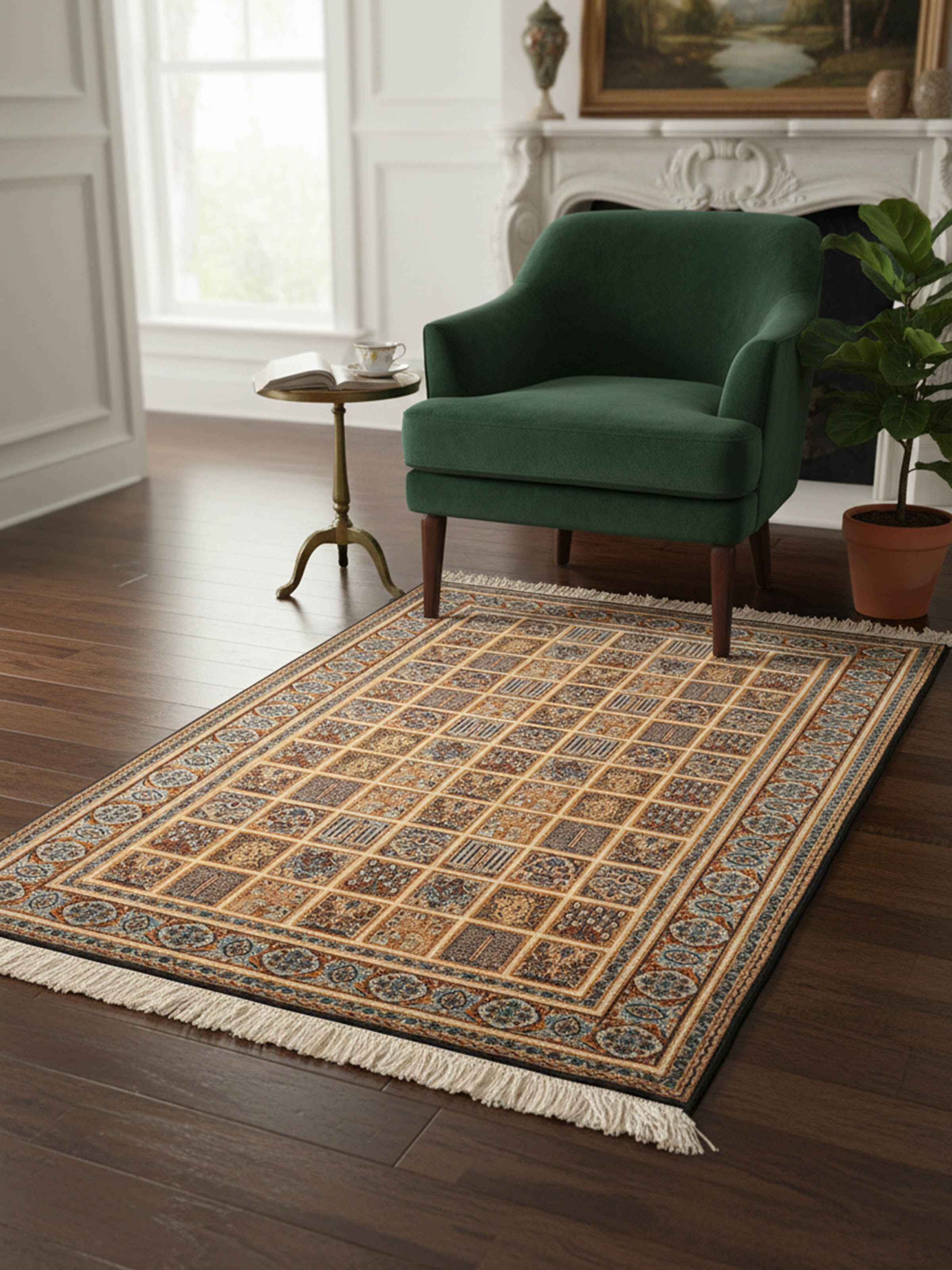 Traditional Persian beige Dabdar Kashmir silk hand-knotted carpet in living room setting – Swadesh