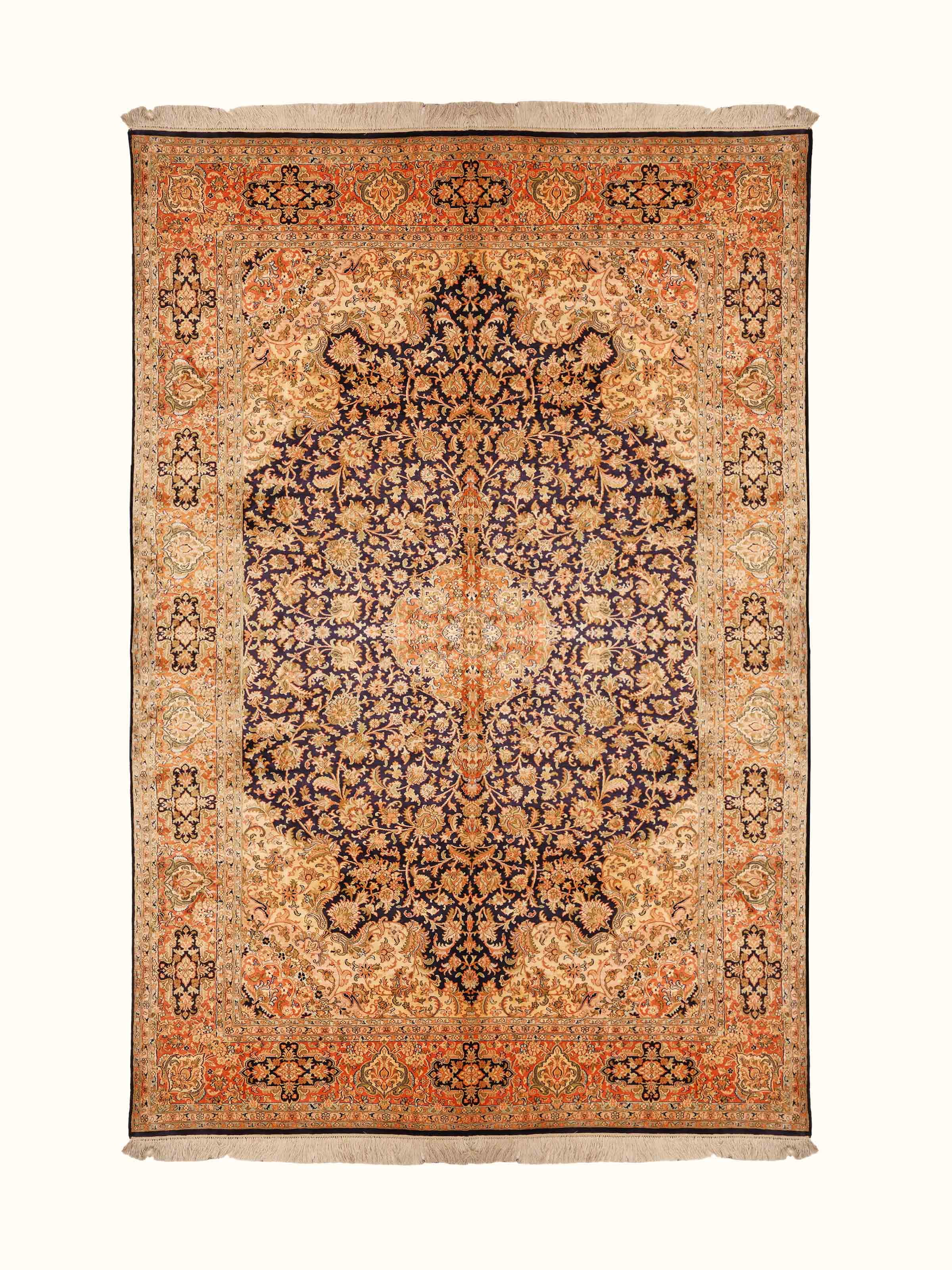 Traditional Persian Navy Rust Kashan Kashmir Silk Hand-Knotted Carpet
