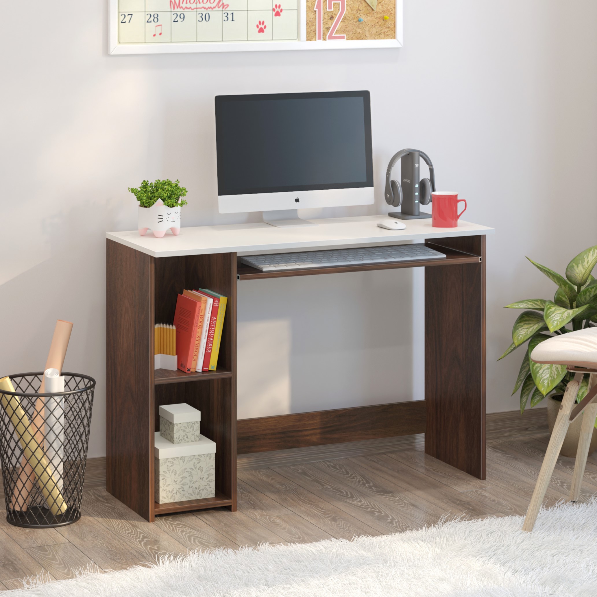 BLUEWUD Mallium Engineered Wood Study and Computer Laptop Table for Home or Office, WFH Desk with Storage Shelves for Adults Kids Students (Brown Maple & White, with Keyboard Slider)