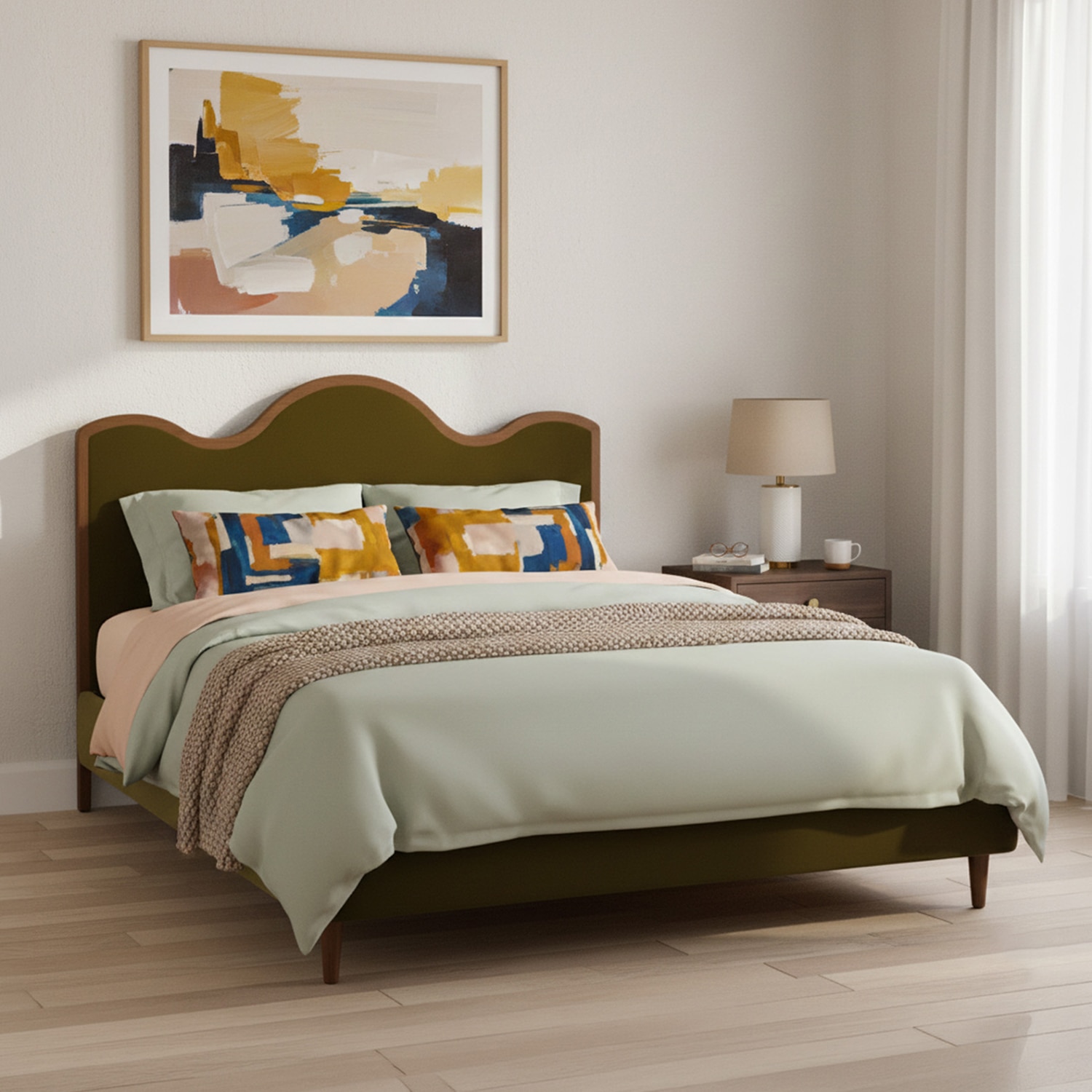Solara Wave Luxe King Size Bed in velvet With Oak wood Frame & Hydraulic Storage - Nestroots