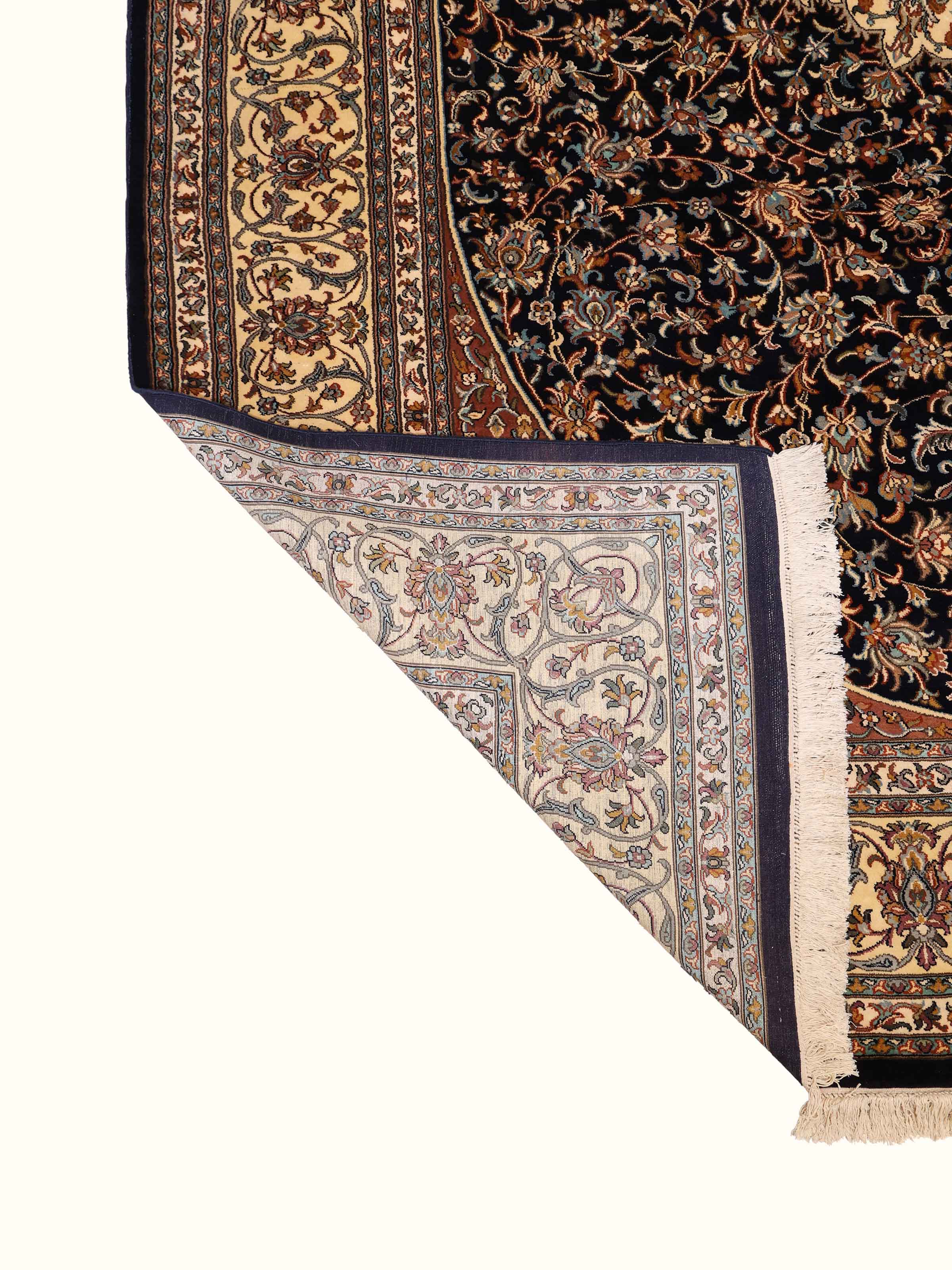 Traditional Persian Navy Blush Kashan Kashmir Silk Hand-Knotted Carpet