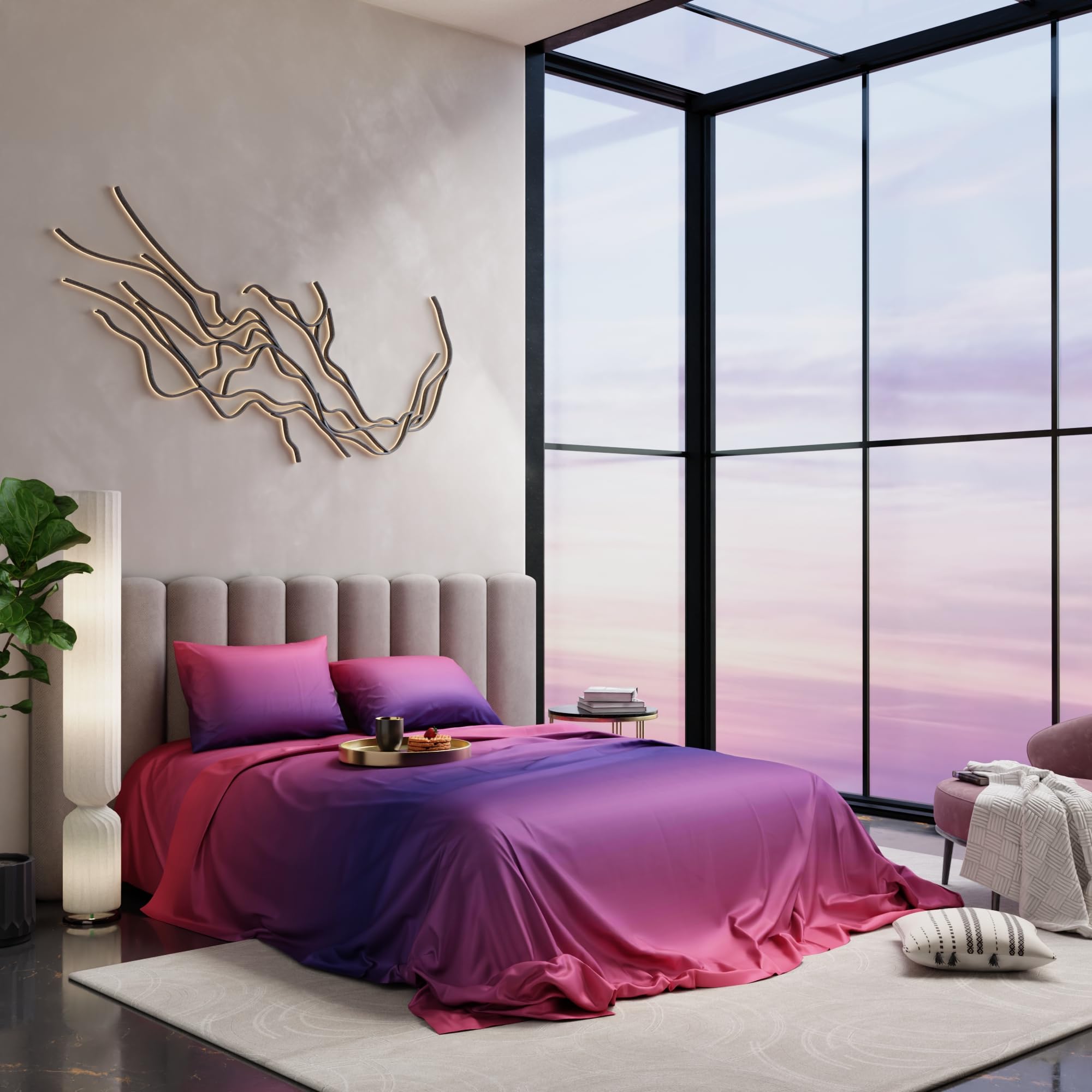 Stoa Paris Satin Bedsheets for Super King Size Bed with 2 Pillow Covers 300 TC UltrSatin Solid Premium Bedding Set Gifts for Couples Wedding Home Furnishing Skies of Paris Collection - Pink Indigo heets for Pink Indigo