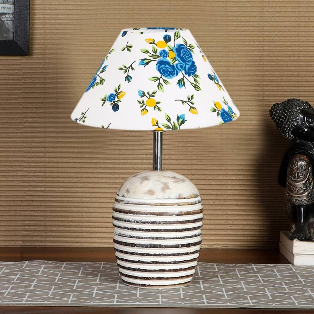 Multicolor cotton with White Brushed Wood Table Lamp -1