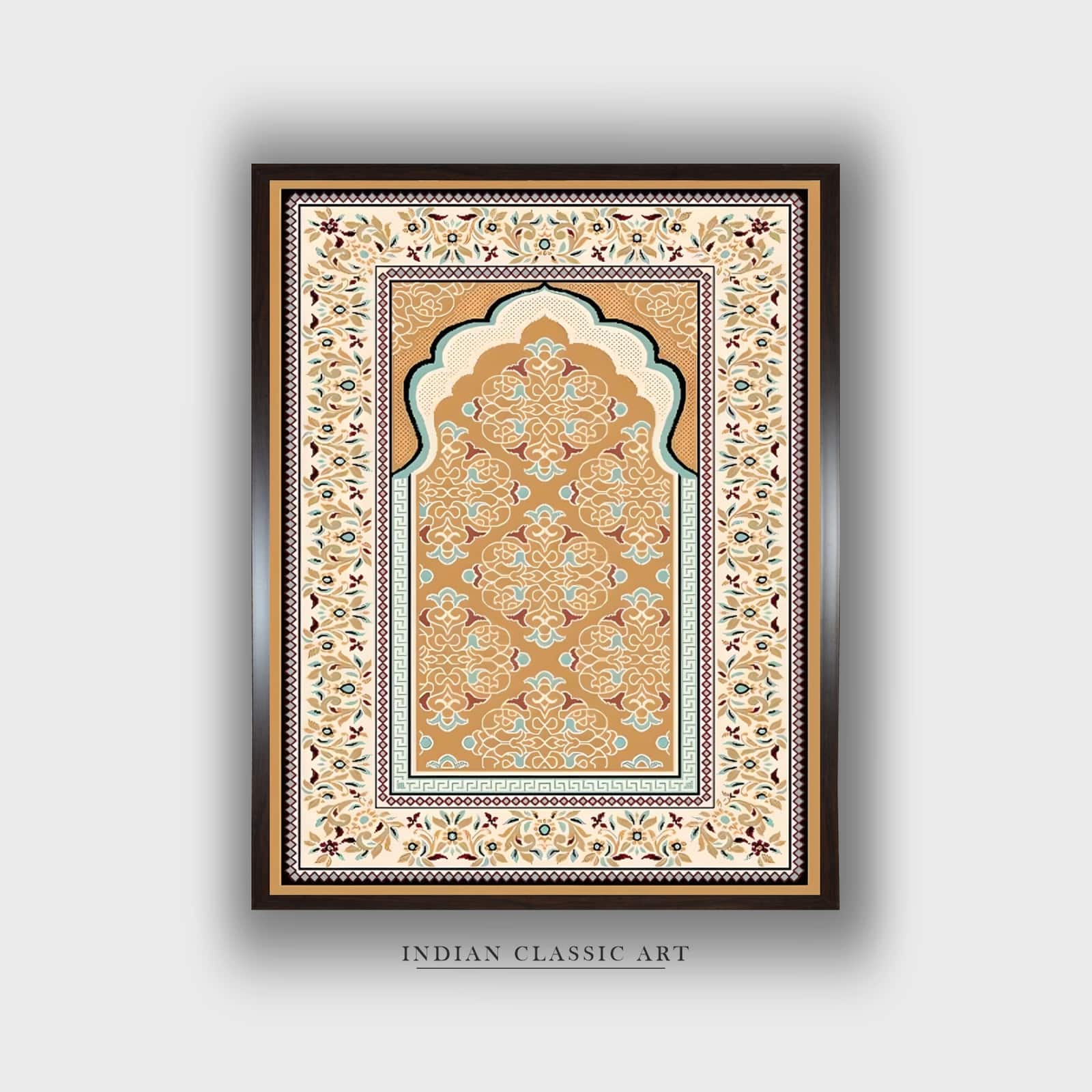 Beige Blue Mughal Floral Printed Framed Canvas Wall Canvas Wall Prints Set of 1 Multicolor Matte