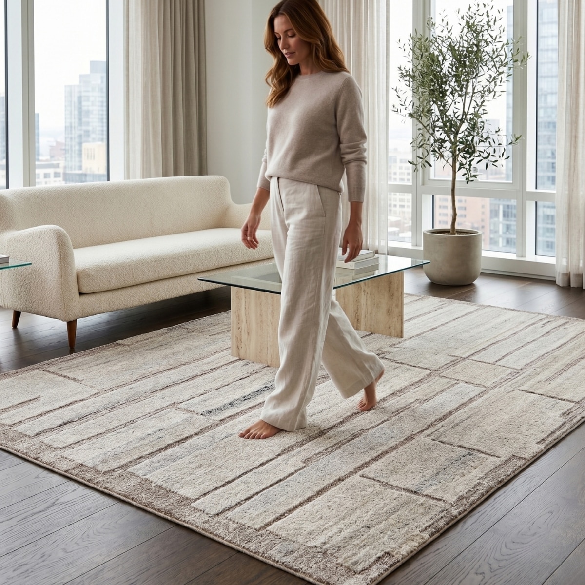 Handmade Wool Area Rug Modern Abstract Beige 10 x 14 Feet Carpet - NEU LOOMS