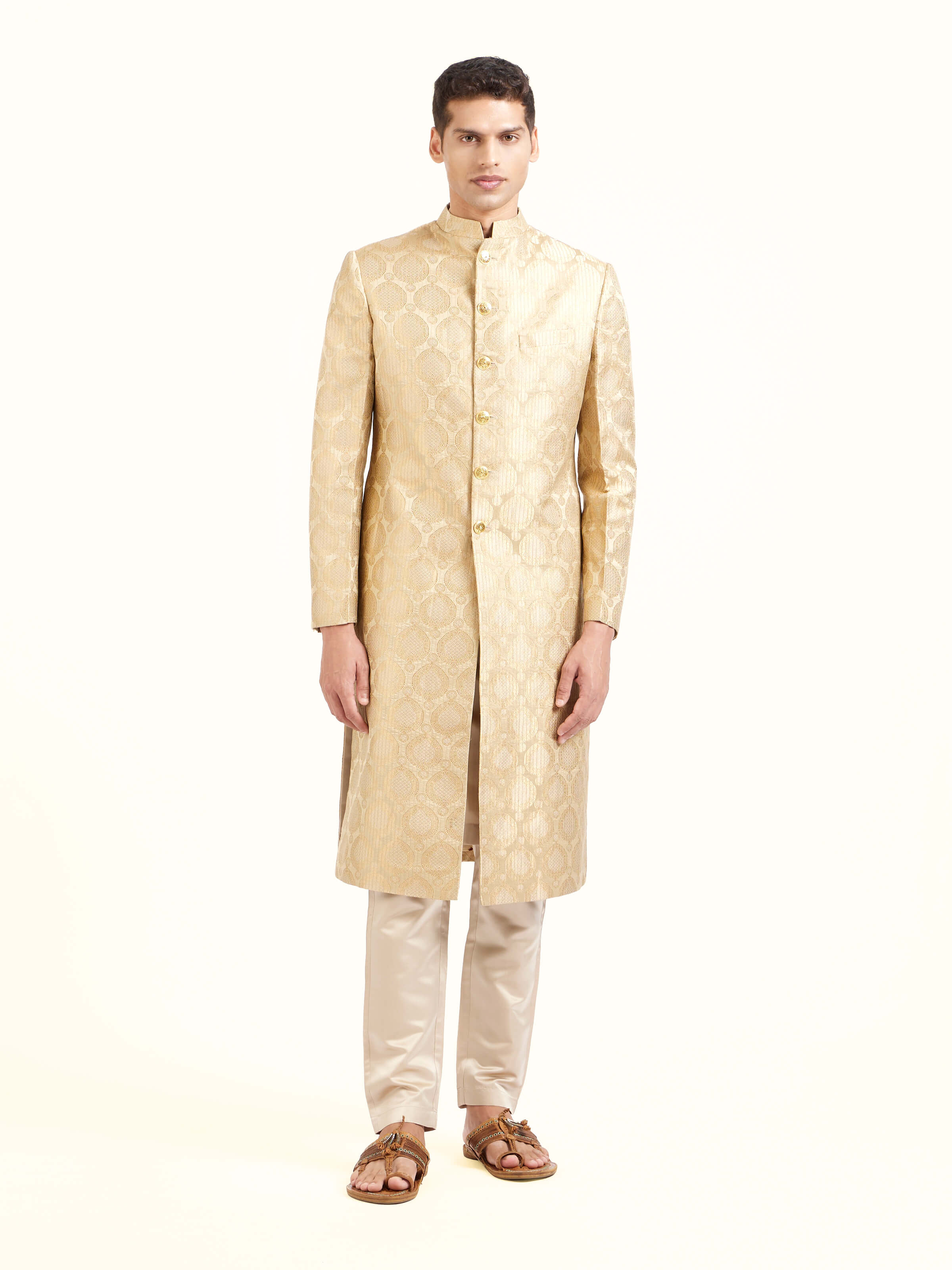 Beige Silk Traditional Butidar Banarasi Handloom Brocade Men's Sherwani
