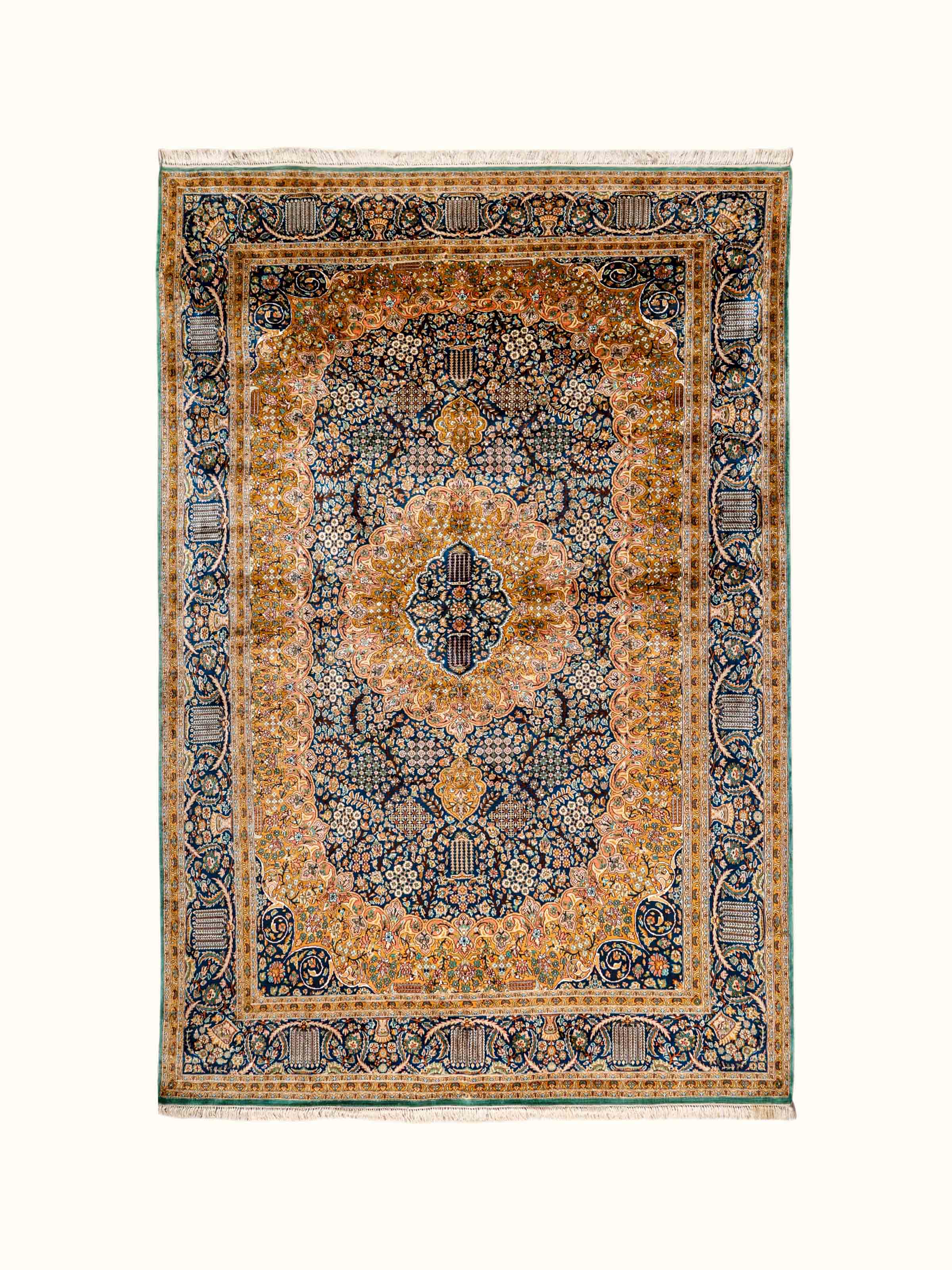 Traditional Persian Navy Ochre Tabriz Kashmir Silk Hand-Knotted Carpet