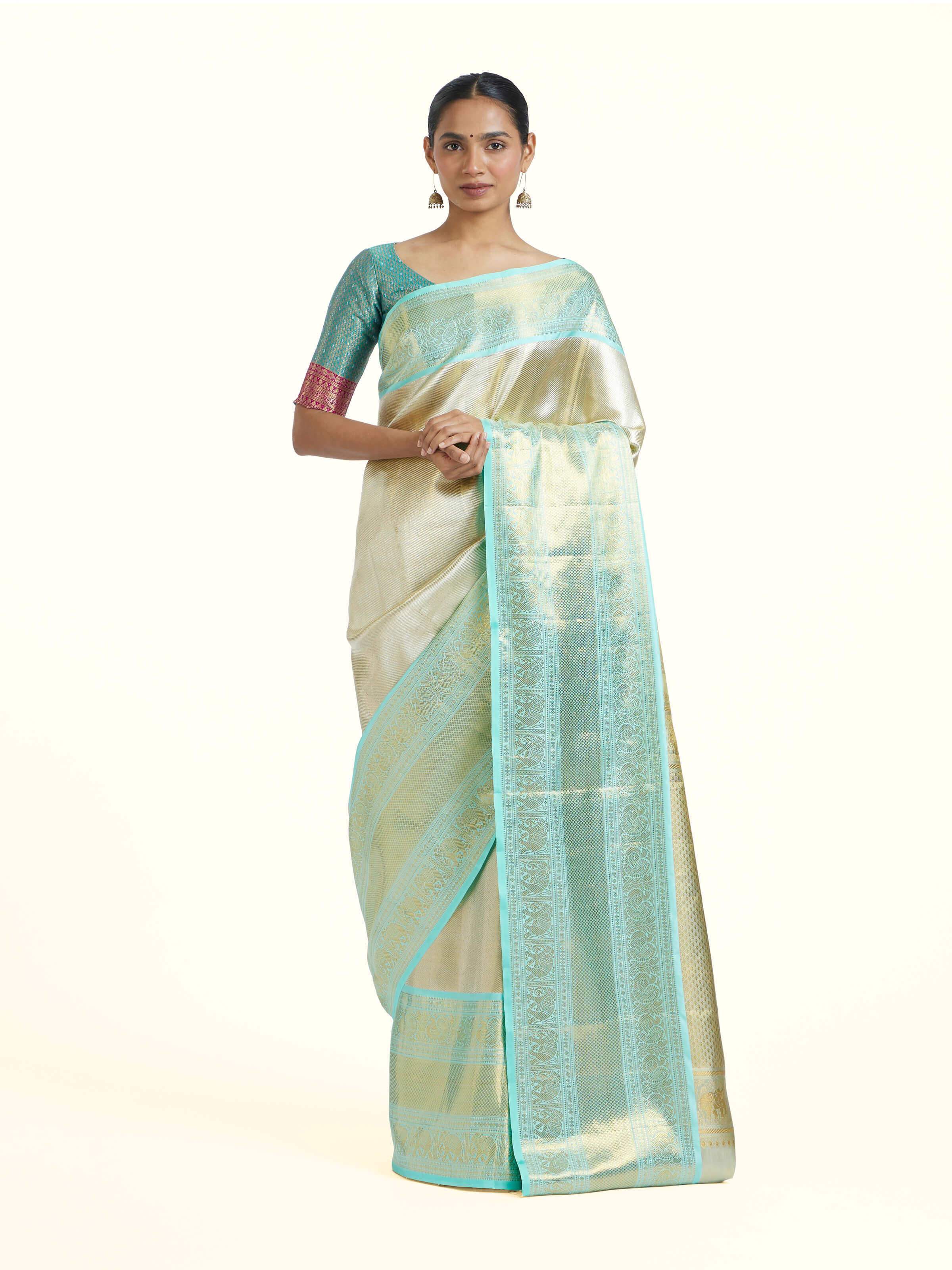 Beige Kancheepuram Silk Sari Zari Saree