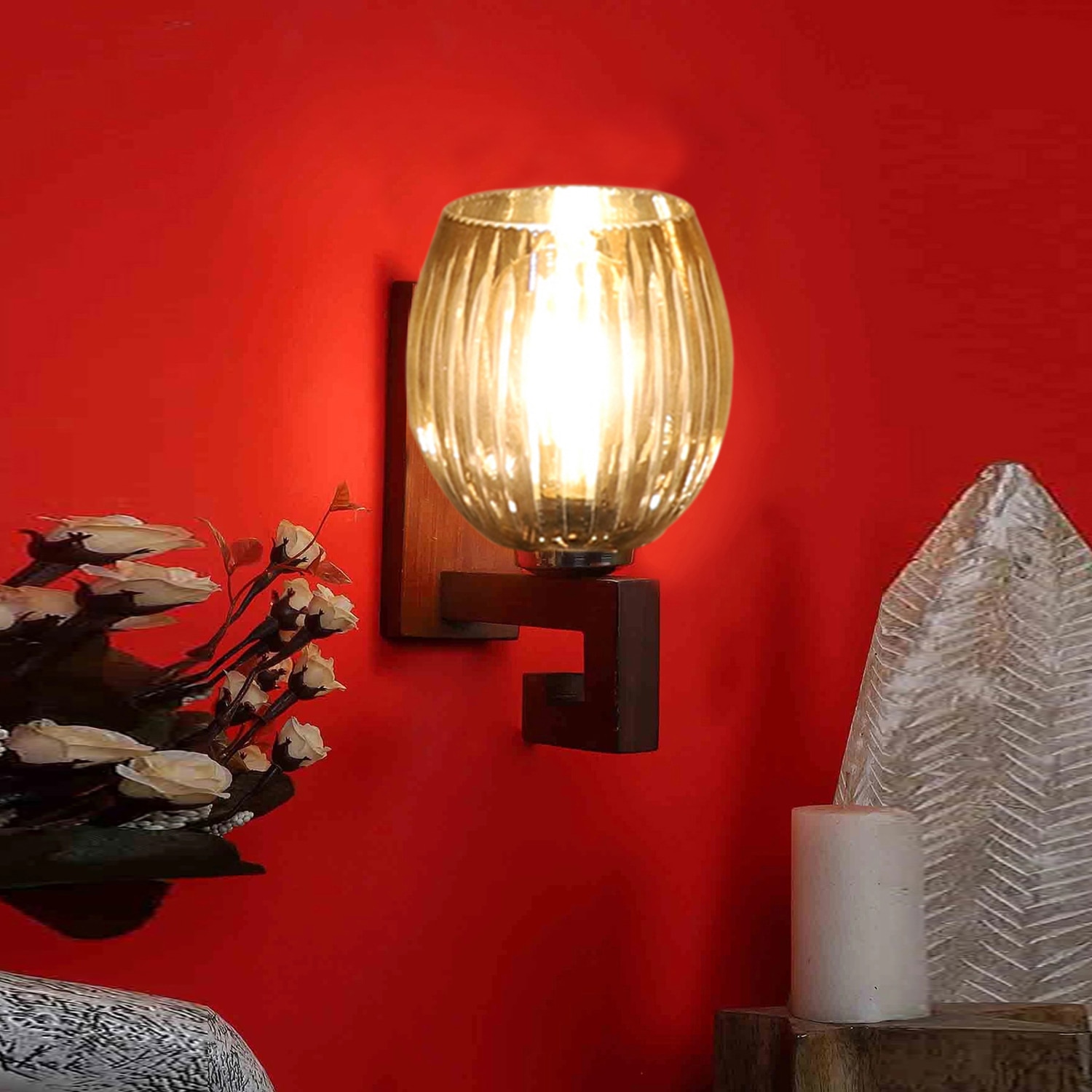Devansh Solid Wood Electric Wall Light in Brown Colour with Lavender Shade Count of 1 Light - Devansh