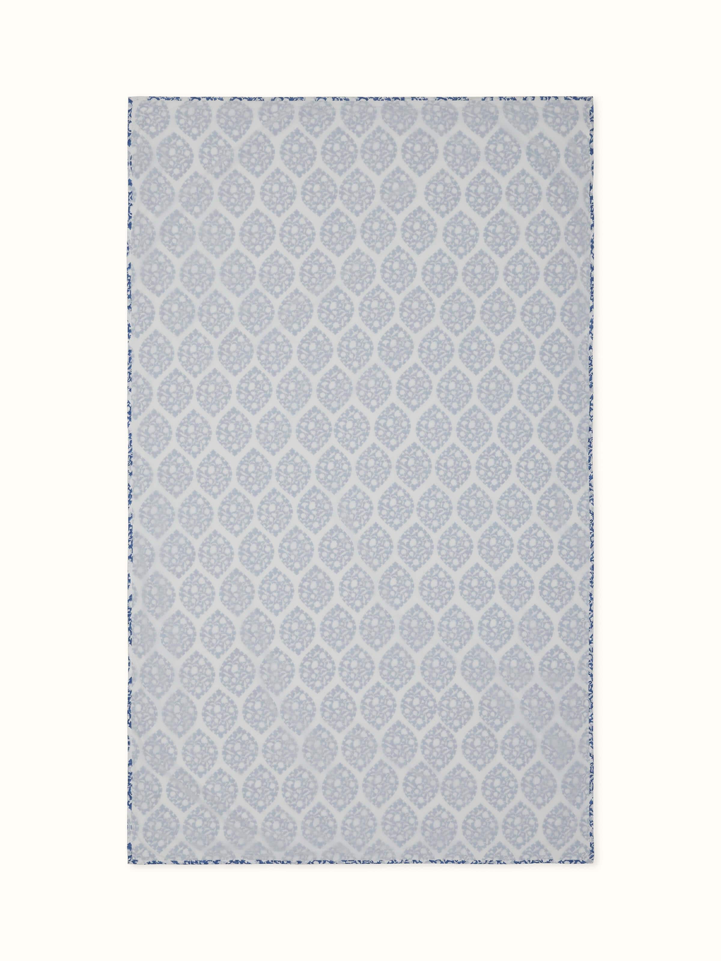 Front view of single cotton dohar featuring blue ogee motifs in Sanganeri hand block print.