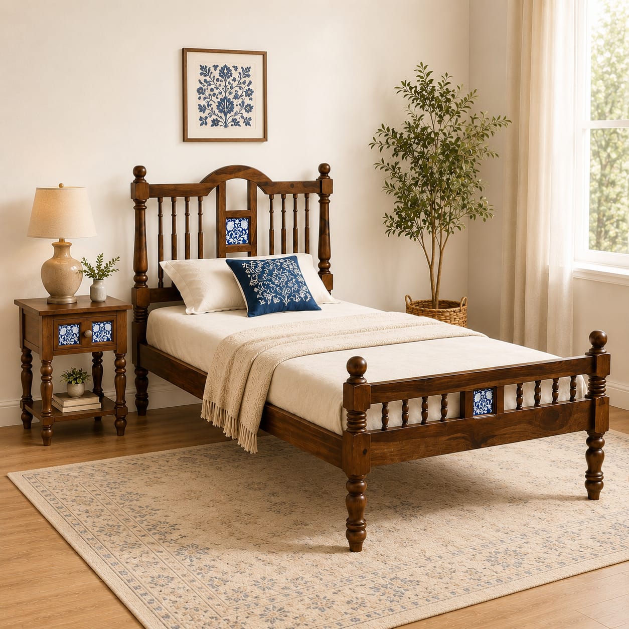 Nilaya Sheesham Wood Single Size Non Storage Bed in Provincial Teak Finish - Woodenmood