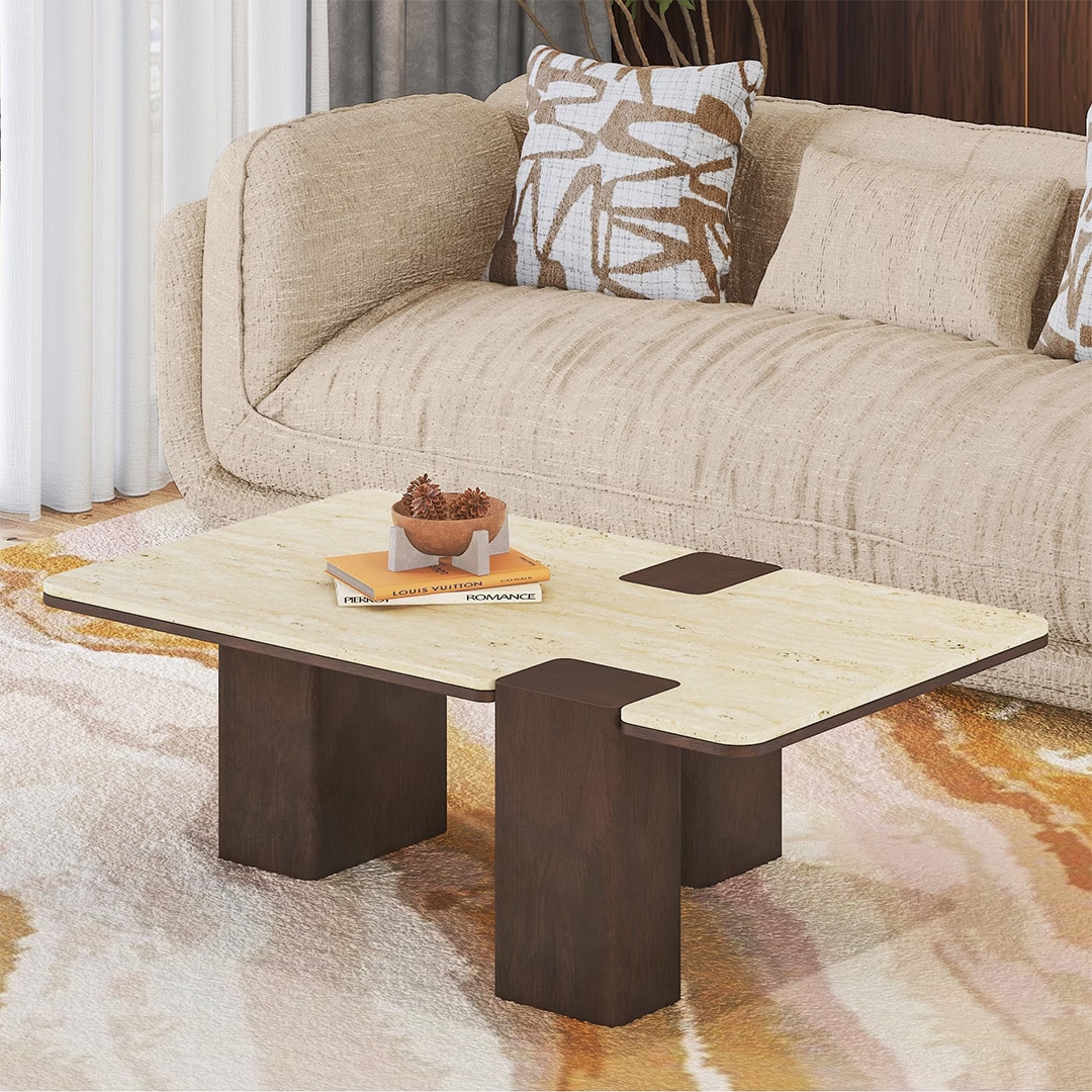 Muro Rectangular Marble Coffee Table In Danish Walnut Finish - Urban Ladder
