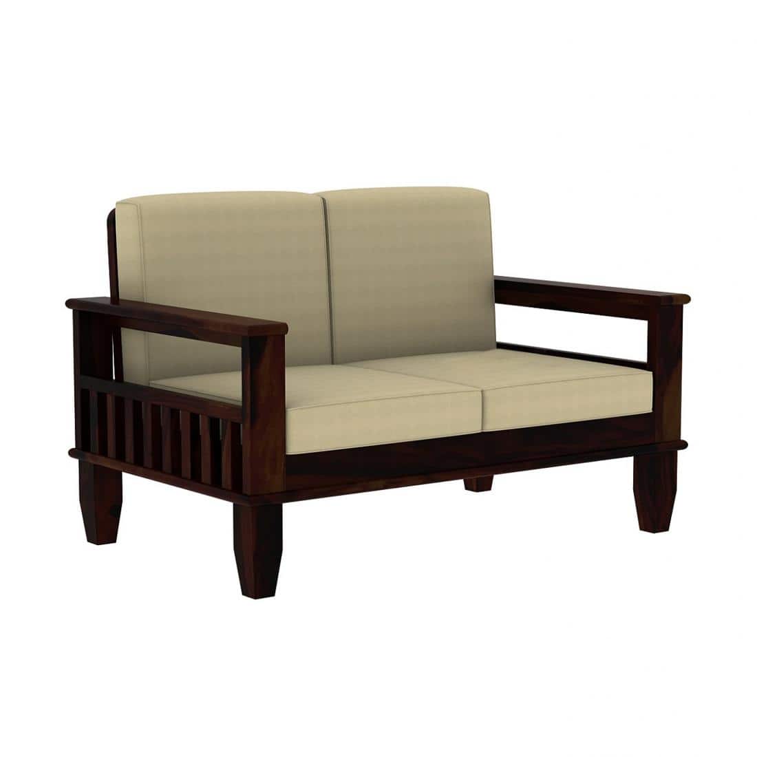 Madhavi 2 Seater Wooden Sofa (Creame Colour, Walnut Finish)