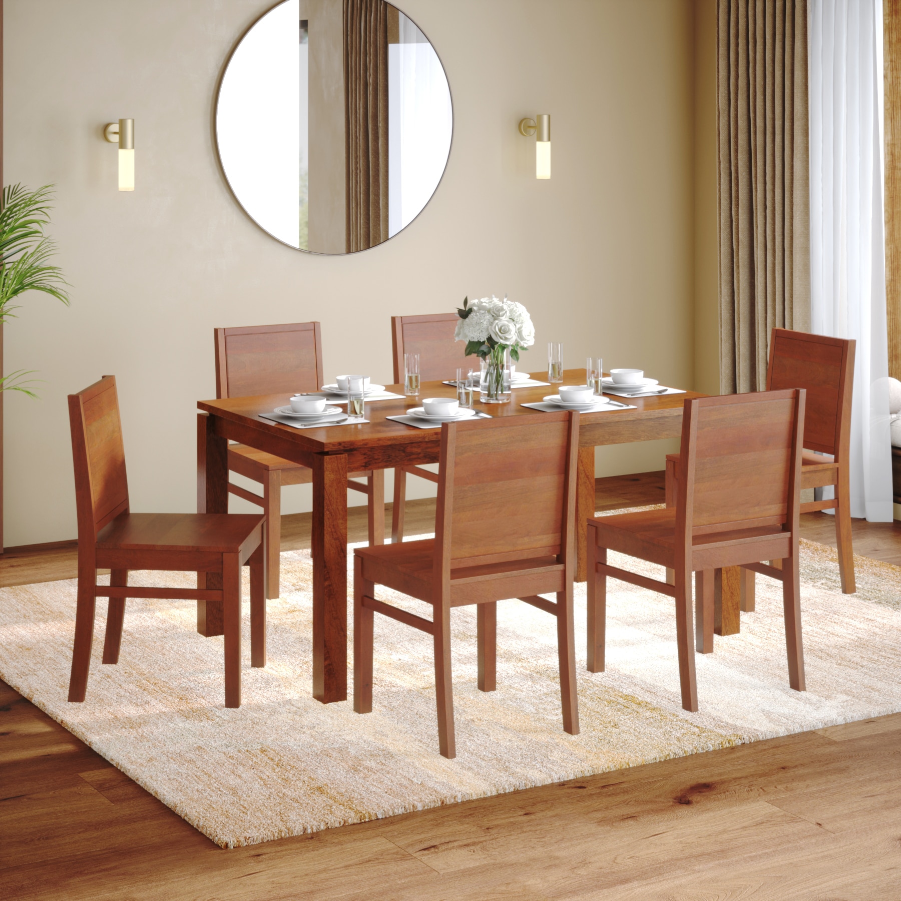 Atlas Solid Wood 6 Seater Compact Storage Dining Table With 6 Atlas Wooden Seat Dining Chairs (Finish: Honey) - Urban Ladder