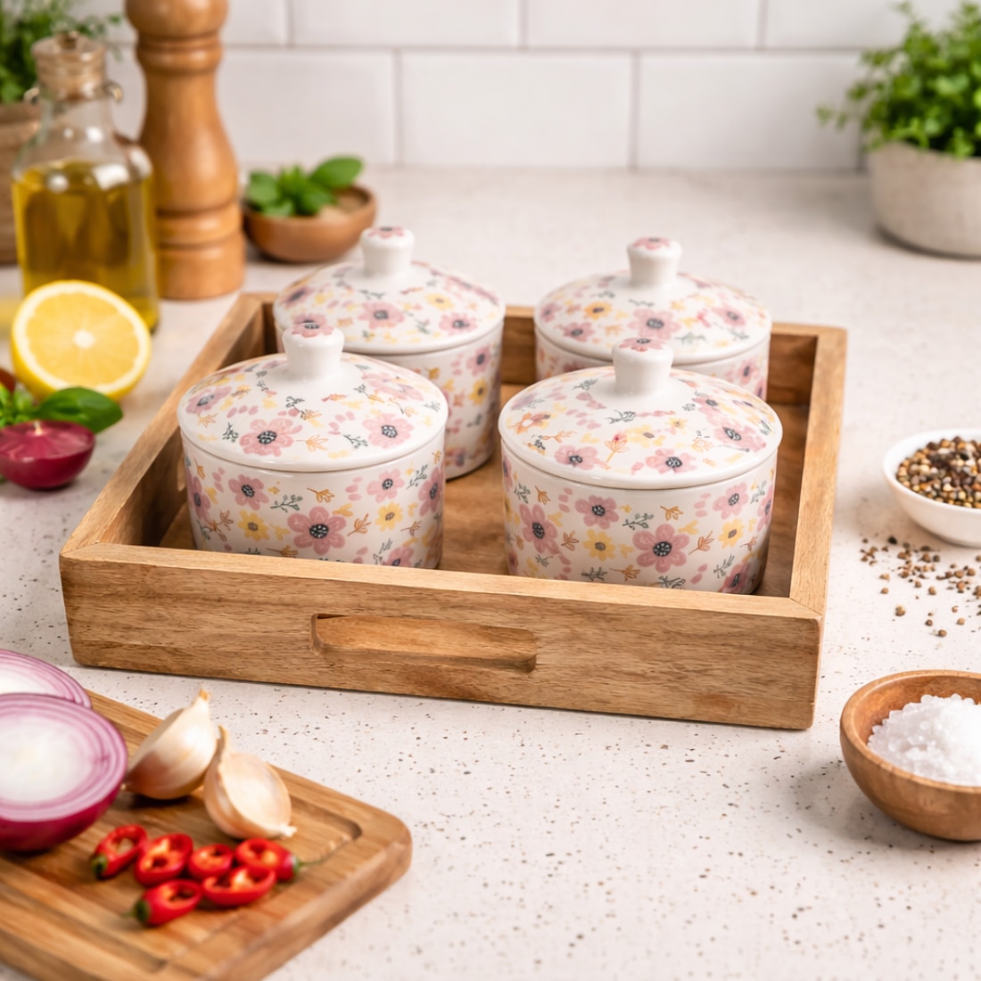Ceramic Floral Jars with Lids and Wooden Tray Pink Floral Pattern Set of 4 Handcrafted - A.J EXPORTS
