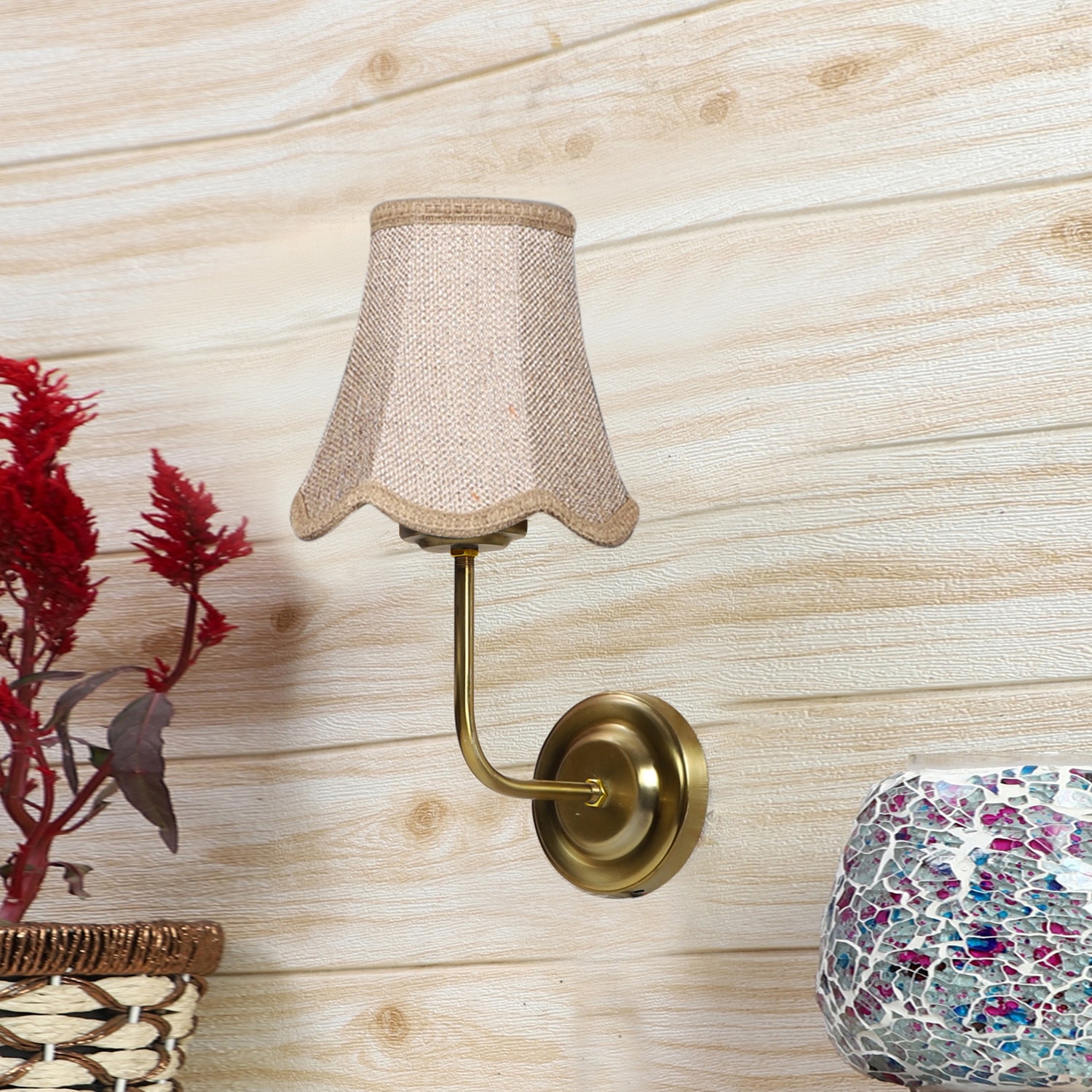 Devansh Gold Wall Mounted Lamp With Beige Jute Shade
