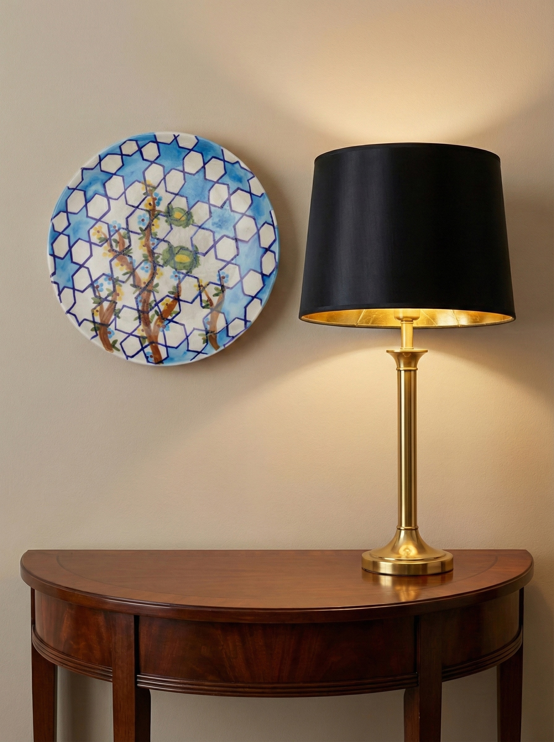 Front view of Blue Pottery Hexagonal Pattern Display Plate