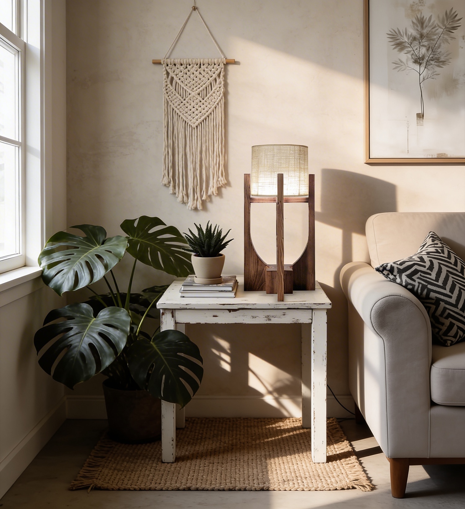 Solitaire Wooden Table Lamp with Brown Base and Premium White Fabric Lampshade - Symplify