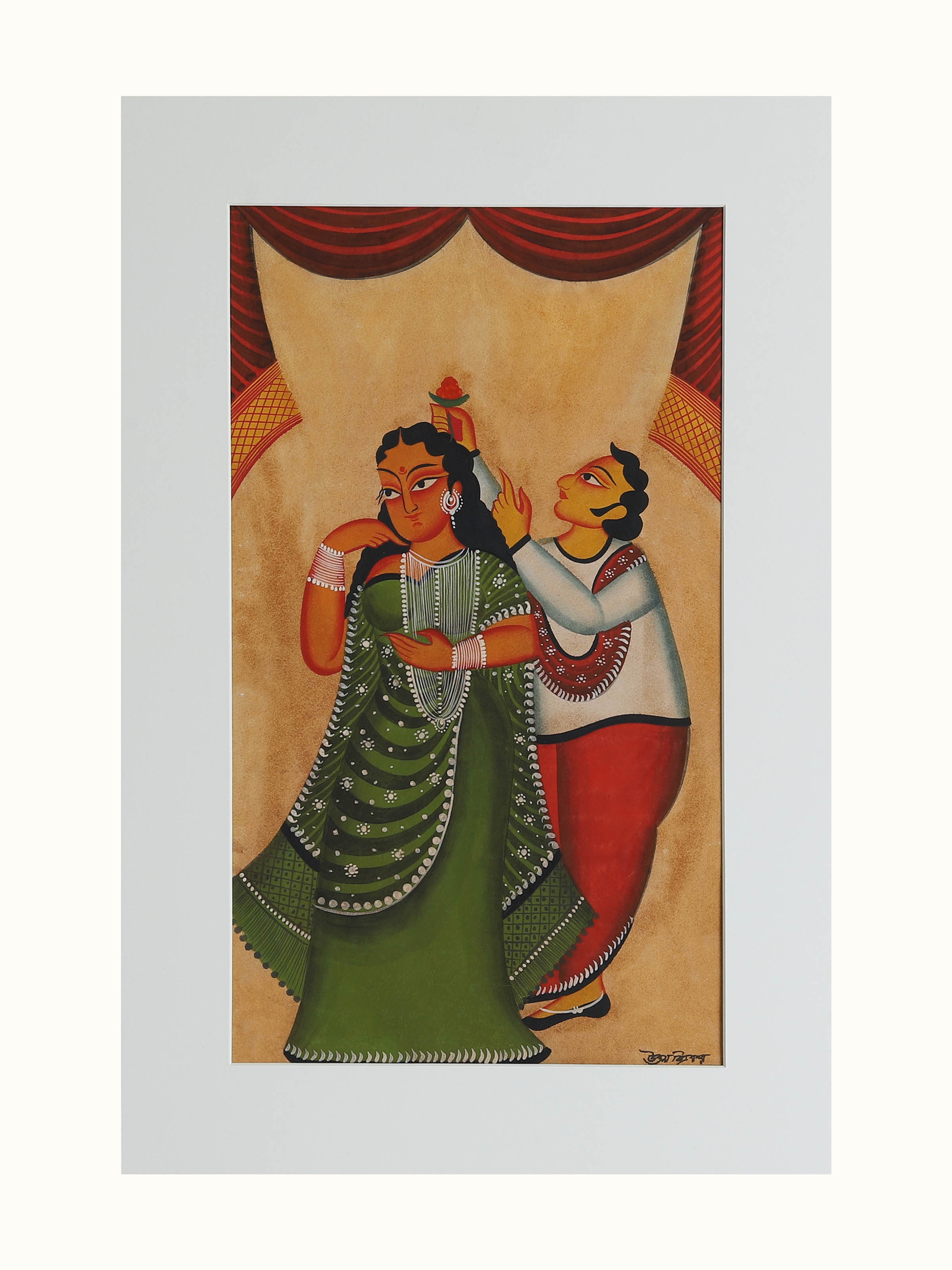 Man Flower Kalighat painting in traditional Bengali folk art style – front view